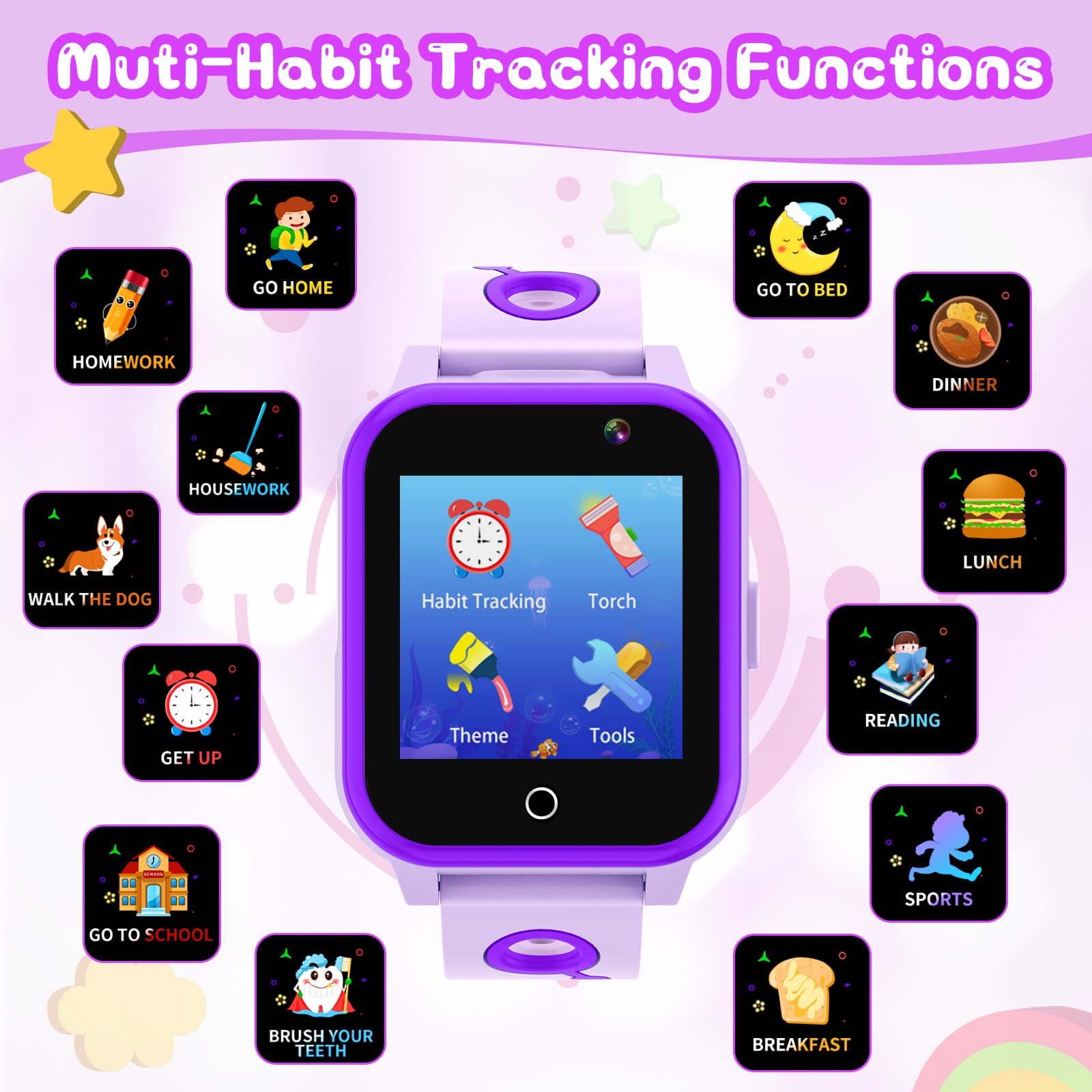 Montre intelligente de jeux pour enfants avec écran tactile, 18 jeux, appareil photo, podomètre, réveil, lecteur MP3, montre musicale pour enfants, garçons et filles, cadeau de Noël et