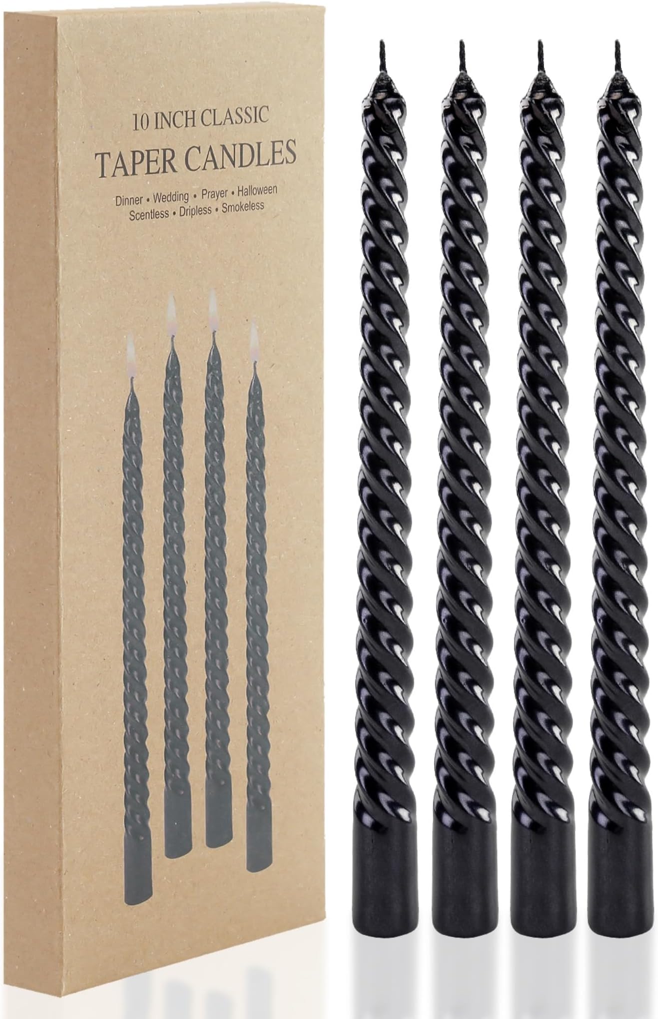 Black Taper Candles Set of 4 Halloween Candles for Gothic Party Vampire Decor 10 inches Non-Toxic Candles Thread Design Candle Sticks Ture Dripless Candlesticks Smokeless Clean Burning