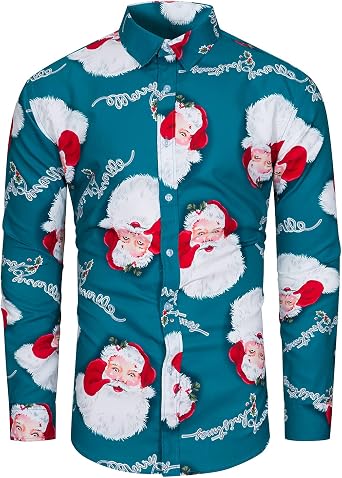 TUNEVUSE Mens Ugly Christmas Shirt, Long Sleeve Button Up for Xmas Holiday