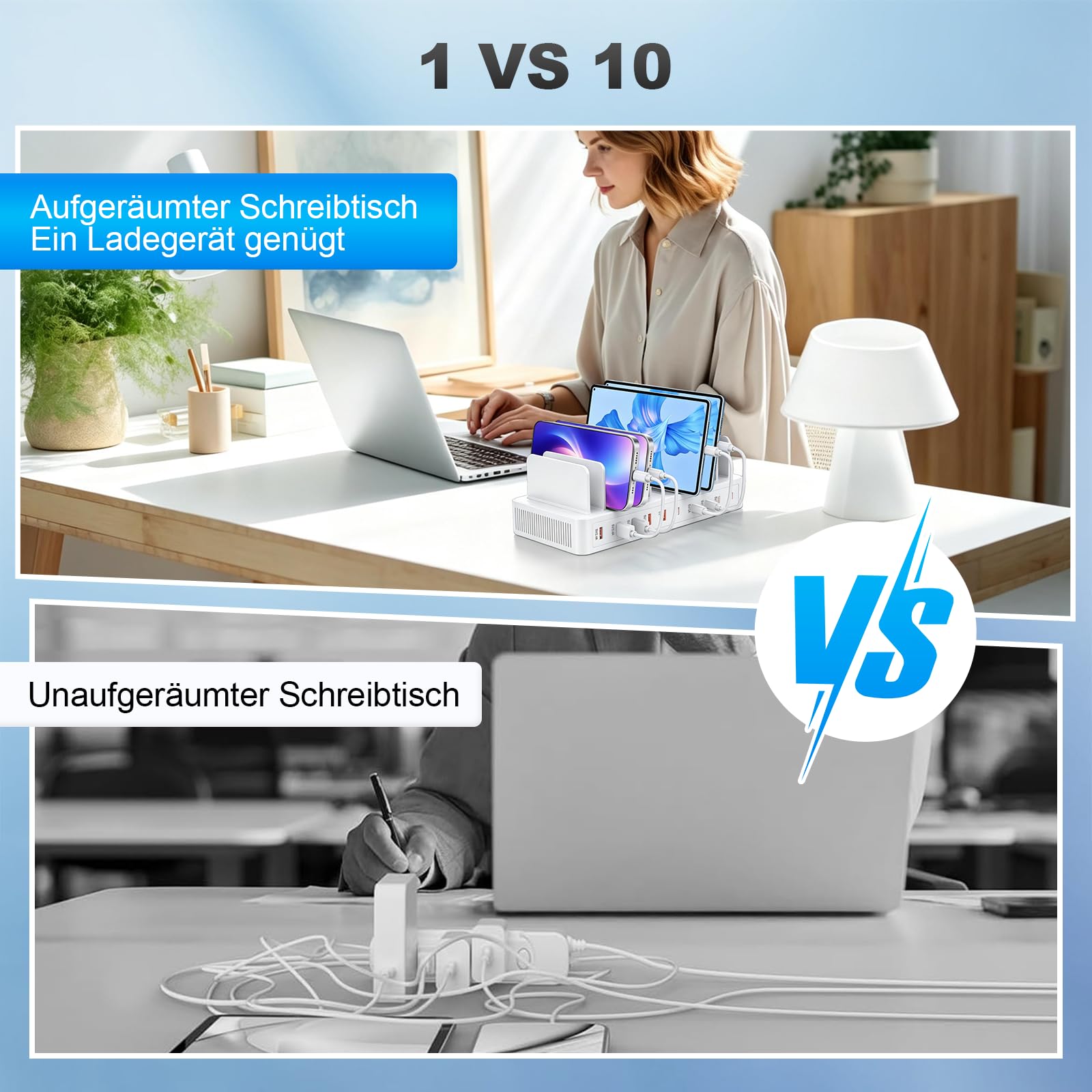 100W USB Ladestation Mehrfach, 10-Port USB C Ladegerät Mehrere Geräte mit verstellbaren Trennwänden Schnellladestation für iPhone, iPads, Tablets und andere Geräte (mit 10 Ladekabeln) Weiß