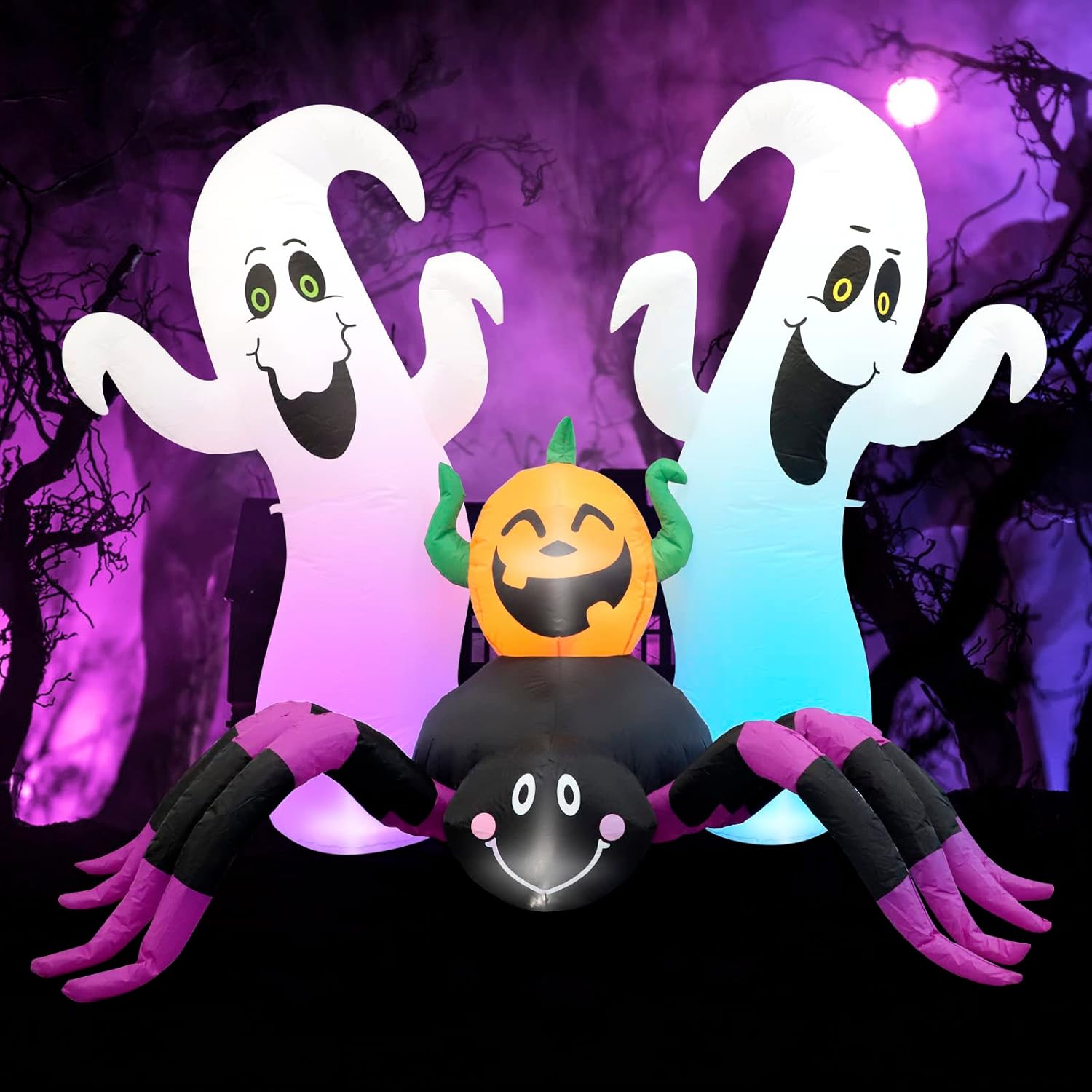 Halloween Inflatable, SHDEJTG 7Ft Pumpkin Ghost Spider Inflatable Decoration, Blow Up Yard Decoration Clearance with LED Lights Built-in for Outdoor, Holiday, Party, Yard, Garden