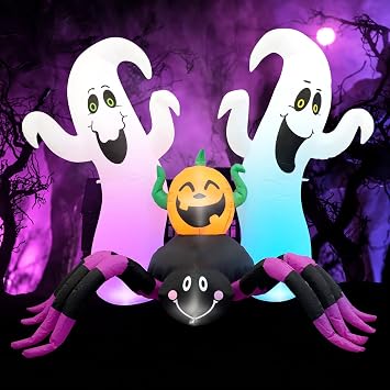 Halloween Inflatable, SHDEJTG 7Ft Pumpkin Ghost Spider Inflatable Decoration, Blow Up Yard Decoration Clearance with LED Lights Built-in for Outdoor, Holiday, Party, Yard, Garden
