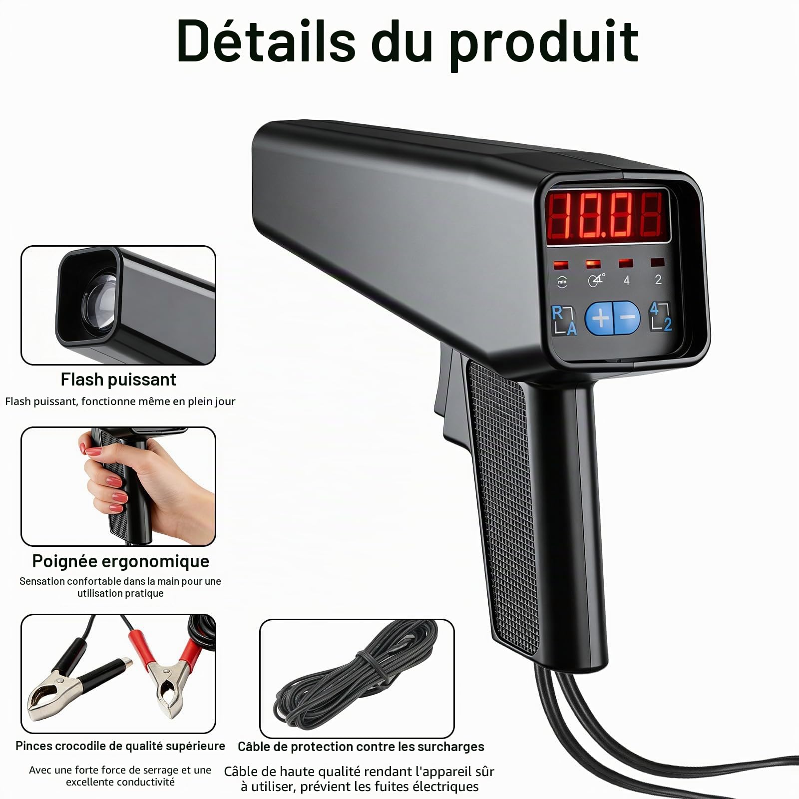 Lampe Stroboscopique d'Allumage avec Capteur Coulissant, Affichage Numérique LED, pour Moteurs Essence 2 et 4 Temps