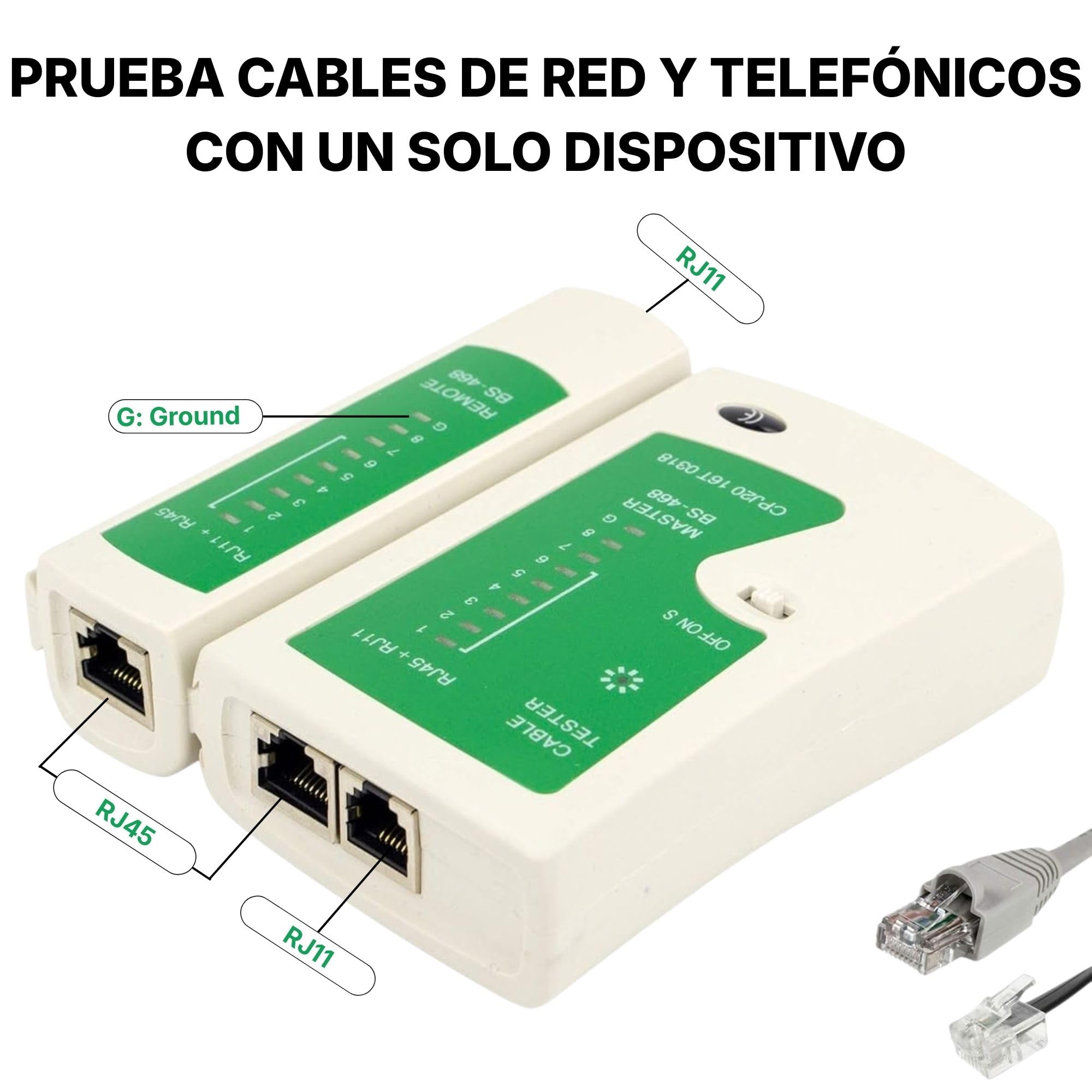Incutex Comprobador de Cable, Tester Línea RJ45 RJ11 Ethernet LAN Cat5 Cat6 Localizador, Kit de Probador de Cable, blanco-verde