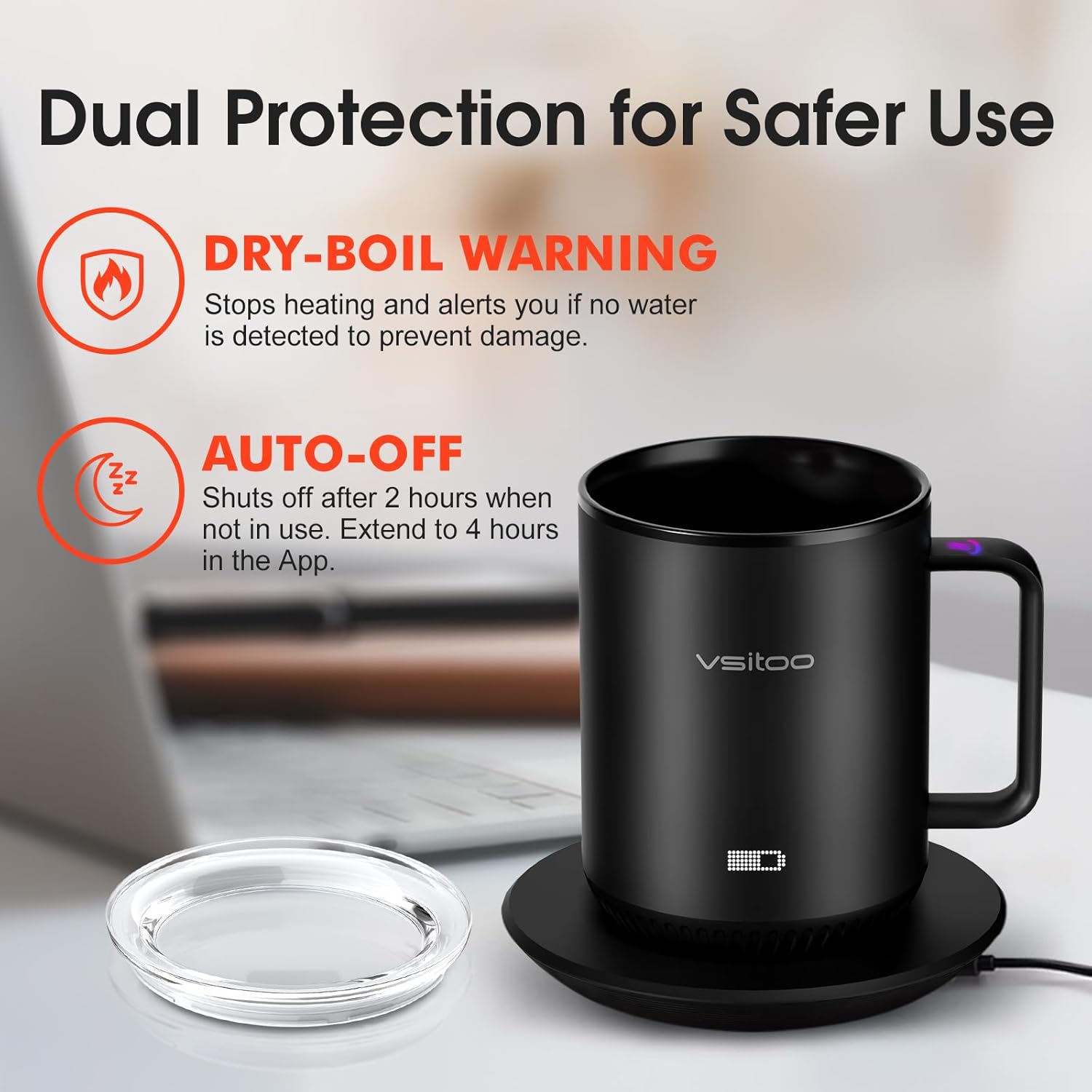 Vsitoo S3 10oz Heated Coffee Cup - Temperature Control Smart Mug with Digital Display, Perfect for Espresso, Keeps 130°F-150°F, Mug Warmer Base, App/Button Control, Ideal Gift for Coffee Lovers，Black