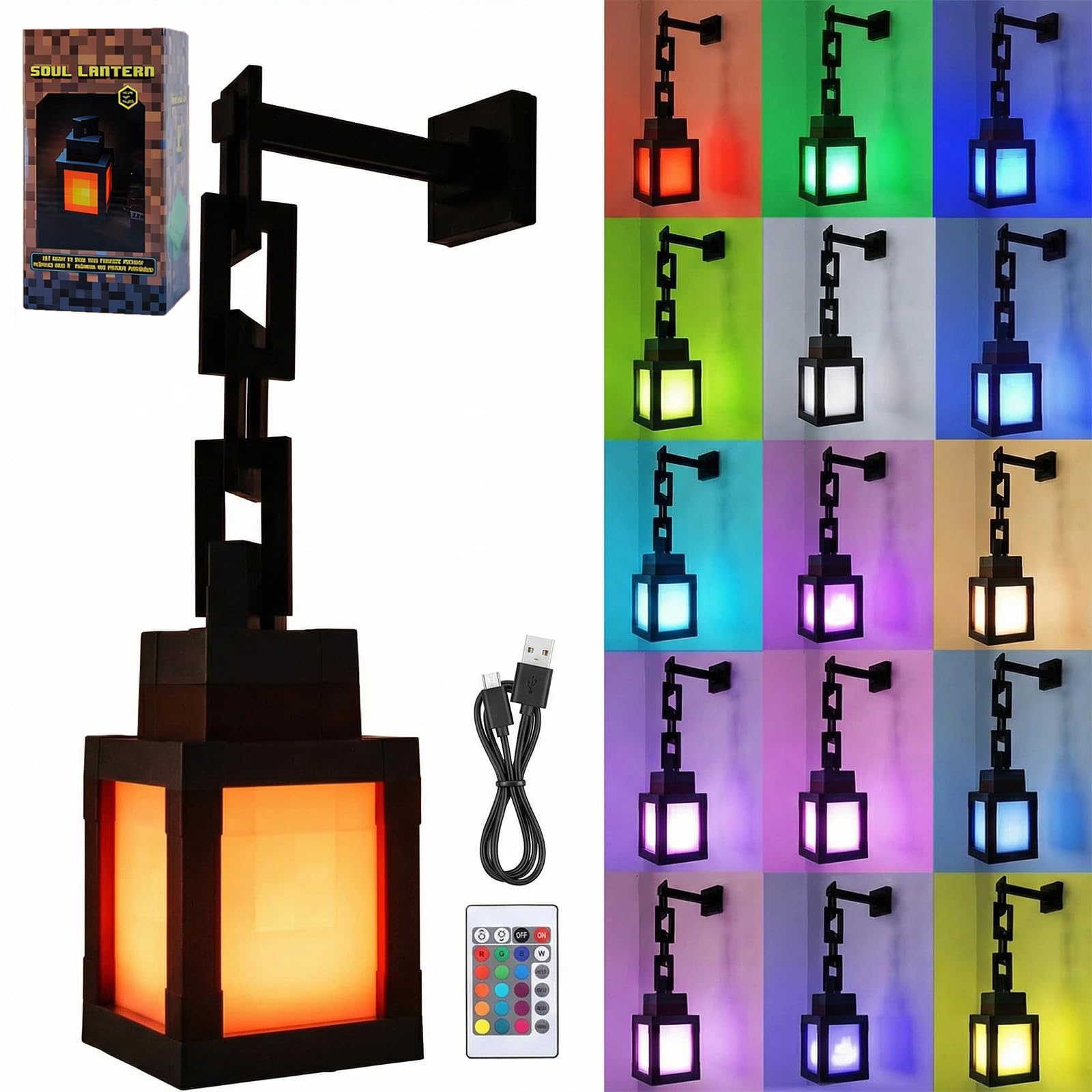 Puniama 16-Colour 3D Pixelated Lantern Night Light – USB Rechargeable LED Mood Lamp with Touch & Remote, Handheld, Tabletop or Wall-Mount, Ideal for Kids’ Room, Bedroom, Gaming Room & Gifts