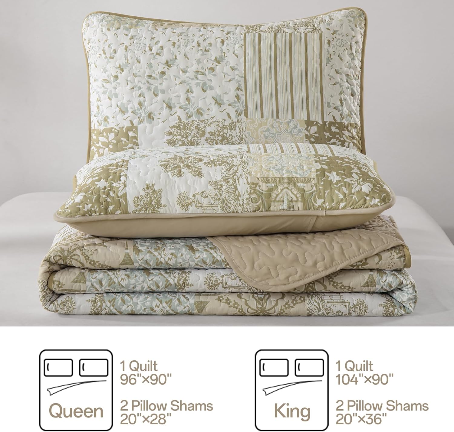 Drucon Beige Quilts Queen Size, Patchwork Pattern Spring Summer Bedspread Bedding Set, 3 Pieces Soft Lightweight Plaid Coverlet with 2 Pillow Shams for All Season 96x90 Inch - Image 7