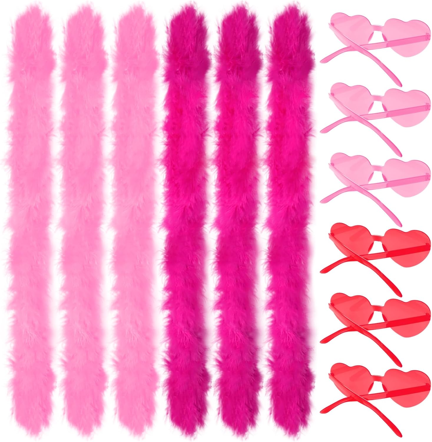 12 Pcs Colored Feather Boas with Heart Shaped Sunglasses Set Rimless Glasses 6.6FT Fluffy Boas Women Party Halloween Pink, Rose