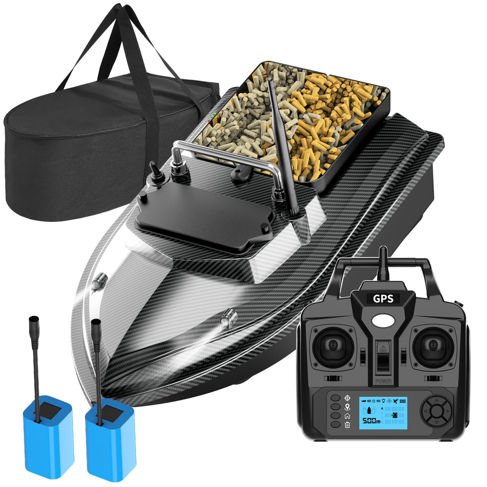 DYJD 500 m GPS Fishing Bait Boat with Bag RC Bait Boat 2 kg Night Fishing Bait Boat Remote Control Fishing Nest Boat (Carbon Fibre)