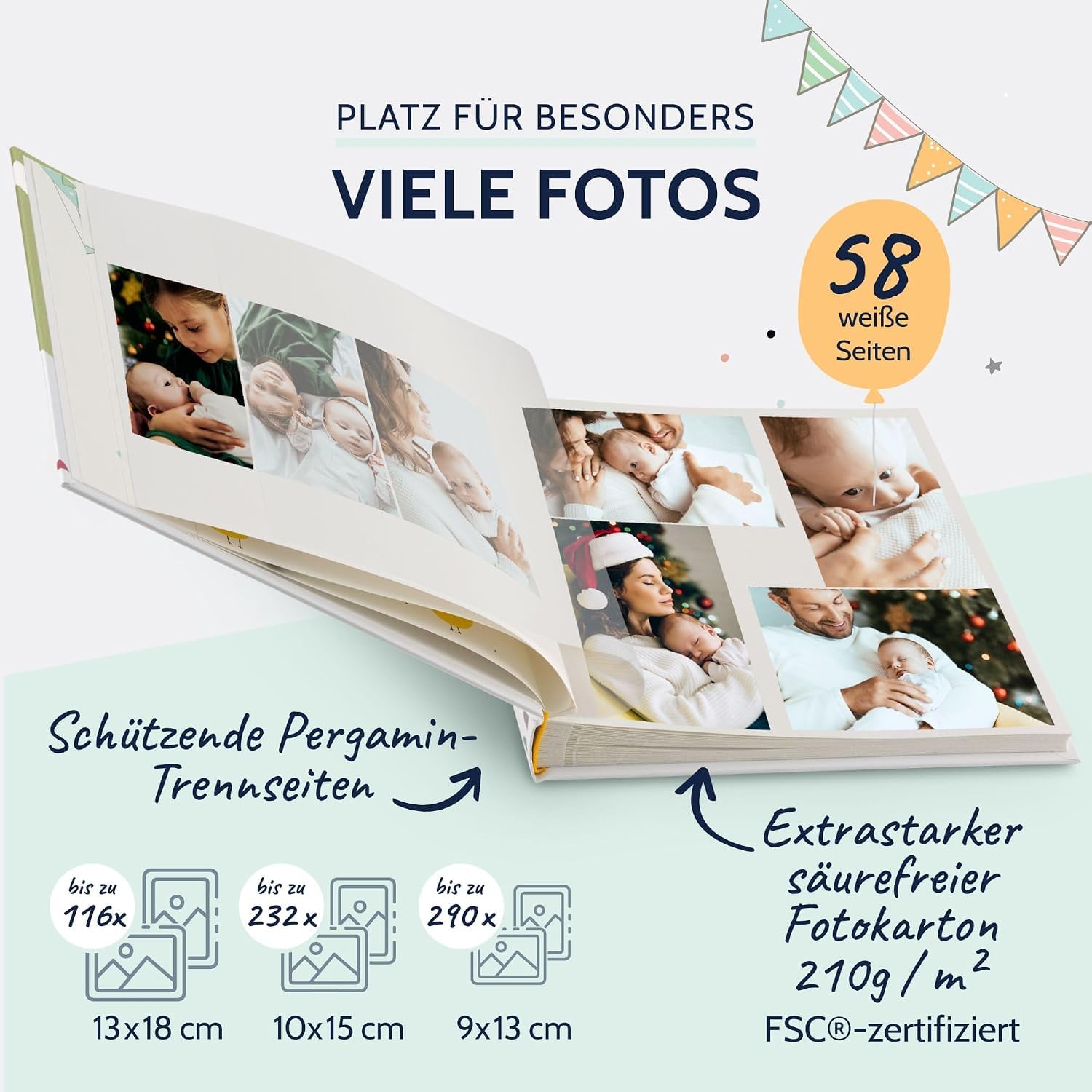 Goldbuch diseño Infantil, Fotos con 60 Blancas, pergamino y 4 páginas ilustradas, álbum de bebé para Pegar, Papel, Vuelo de Globos, ca. 30 x 31 x 4 cm