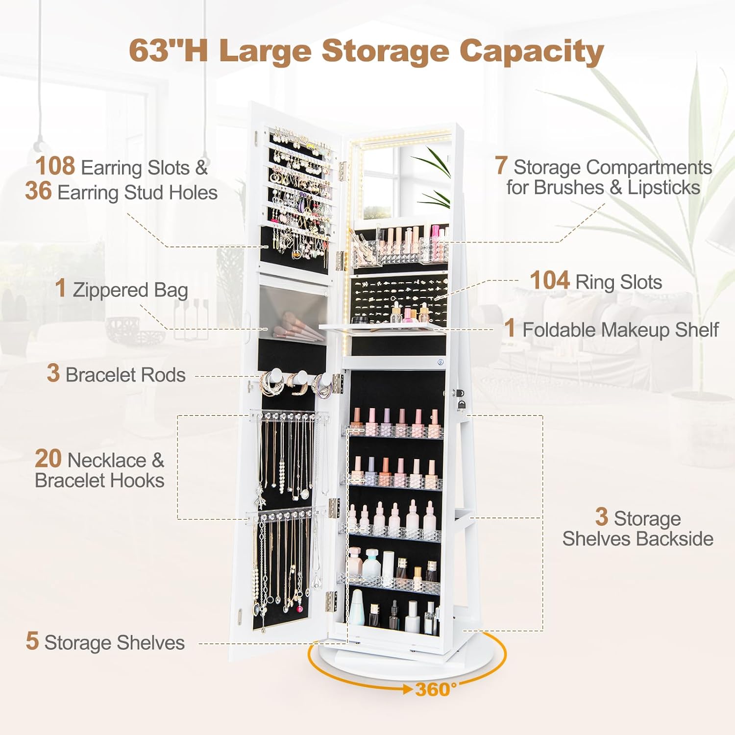 LOKO 360° Swivel Jewelry Cabinet with 3-color LED Lights, Lockable Jewelry Armoire Organizer with Full-Length Mirror, Makeup Mirror & Foldable Makeup Shelf, for Girl Women, Gift (White)