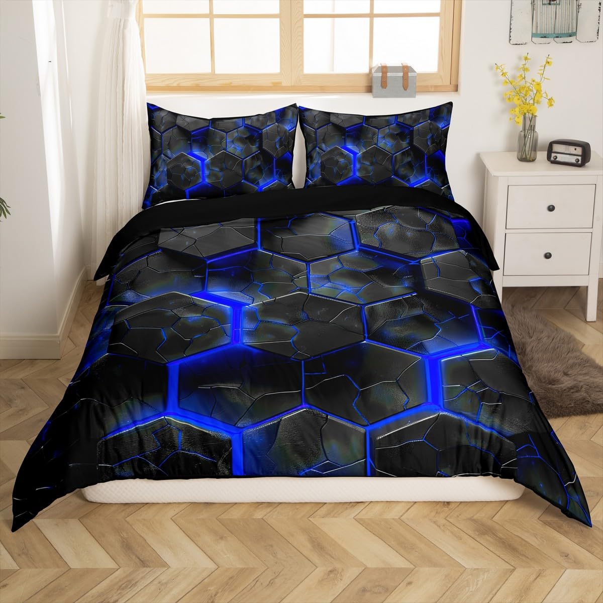 Loussiesd 3D Geometric Honeycomb Duvet Cover Set Double Size For Kids Boys Teens Blue Neon Hexagonal Bedding Set Modern Art Comforter Cover with 2 Pillowcases Stripe Line Beds Set - Image 2