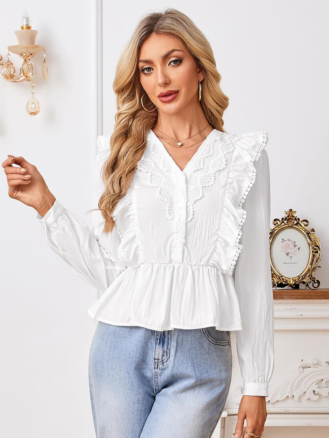 Button Down Shirts for Women Pleated Dress Shirts Wrinkle Free Long Sleeve Casual Outfits Tops V-Neck Blouses - Image 5