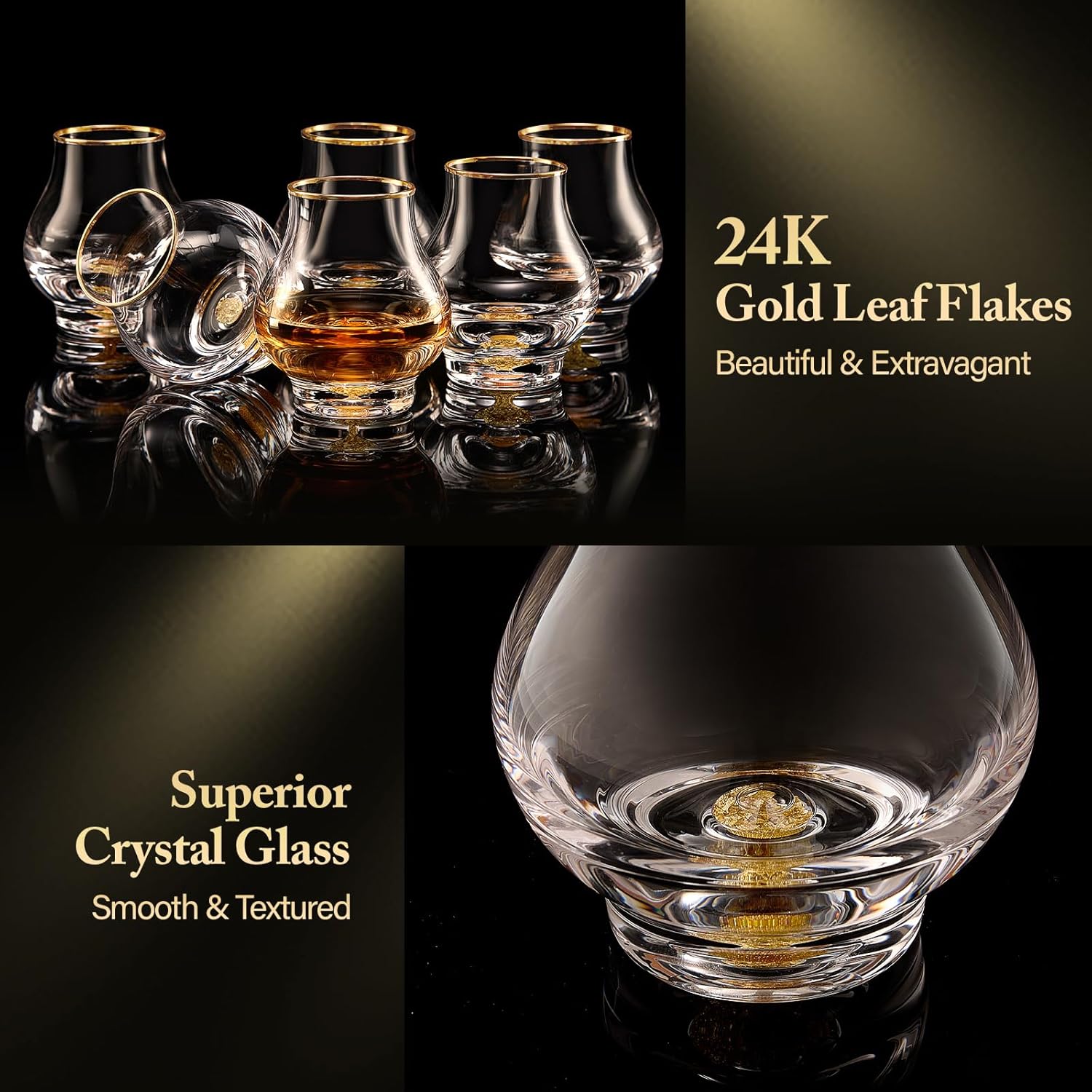 DUJUST‌ Elegant Curvaceous Snifter Glasses Set of 6 (7oz), Crystal Whiskey Glass with 24K Gold Leaf Flakes, ONE OF A KIND, Luxury Glass for Brandy/Bourbon/Tequila, BPA-Free&Lead-Free