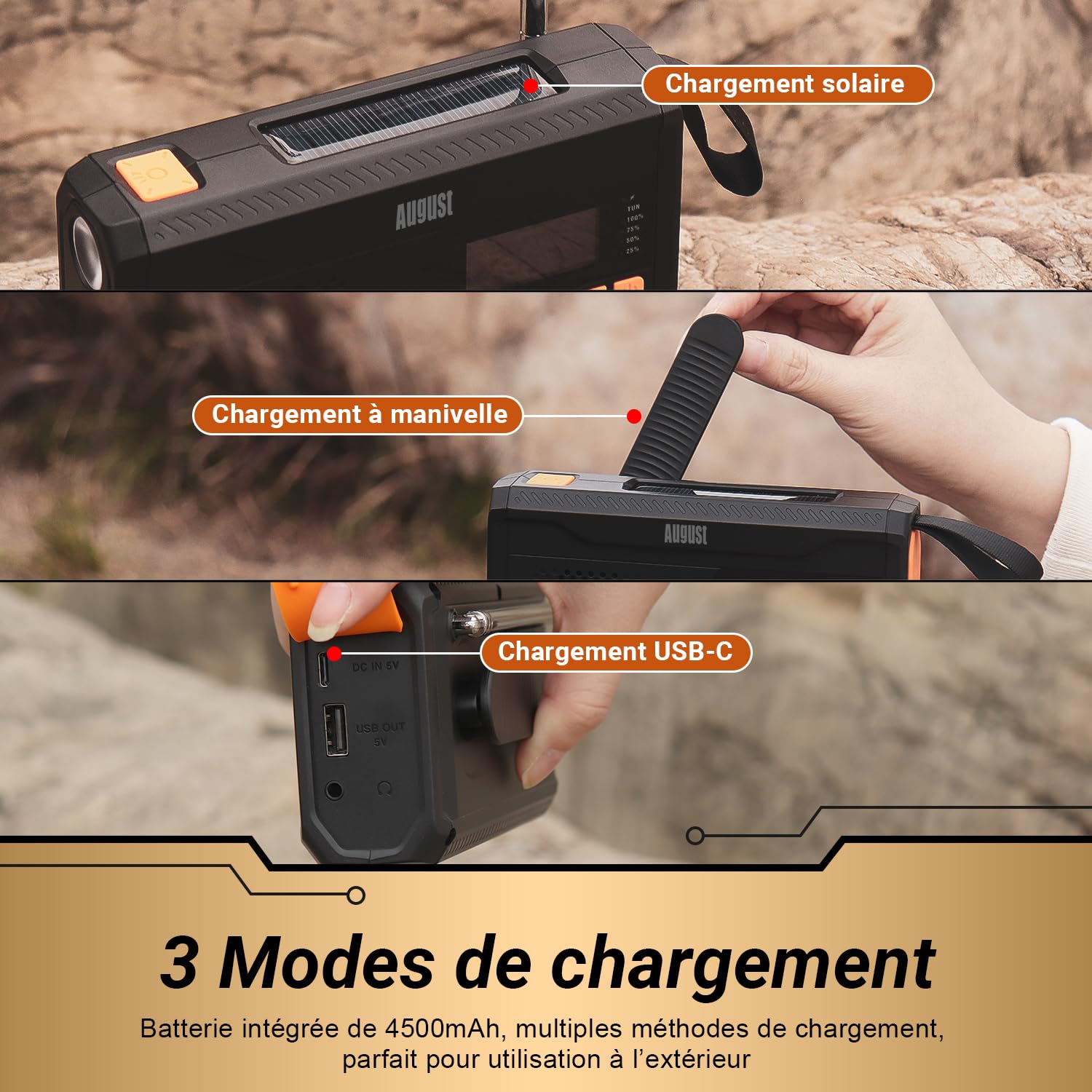 August MB290B - Radio Dynamo de Survie Portable, Solaire à Manivelle FM/Dab/Bluetooth, Batterie 4500mAh, Chargeur USB pour Téléphone, Lampe Torche/SOS - Idéale pour Camping/Extérieur/Urgence - Noir