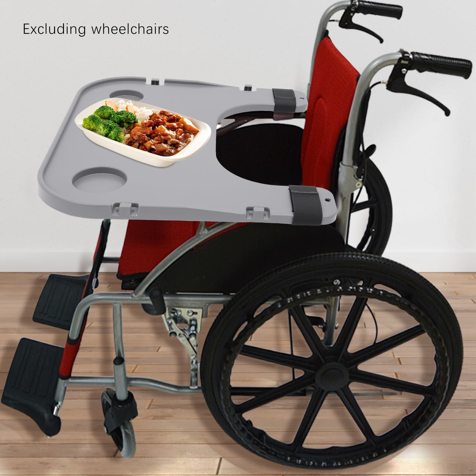 Tablett für Rollstuhl mit Becherhalter, 4 Haken, 58x53cm Abnehmbar, 80kg Tragkraft Rollstuhltisch für Erwachsene Menschen mit Behinderungen und eingeschränkter Mobilität, Grau