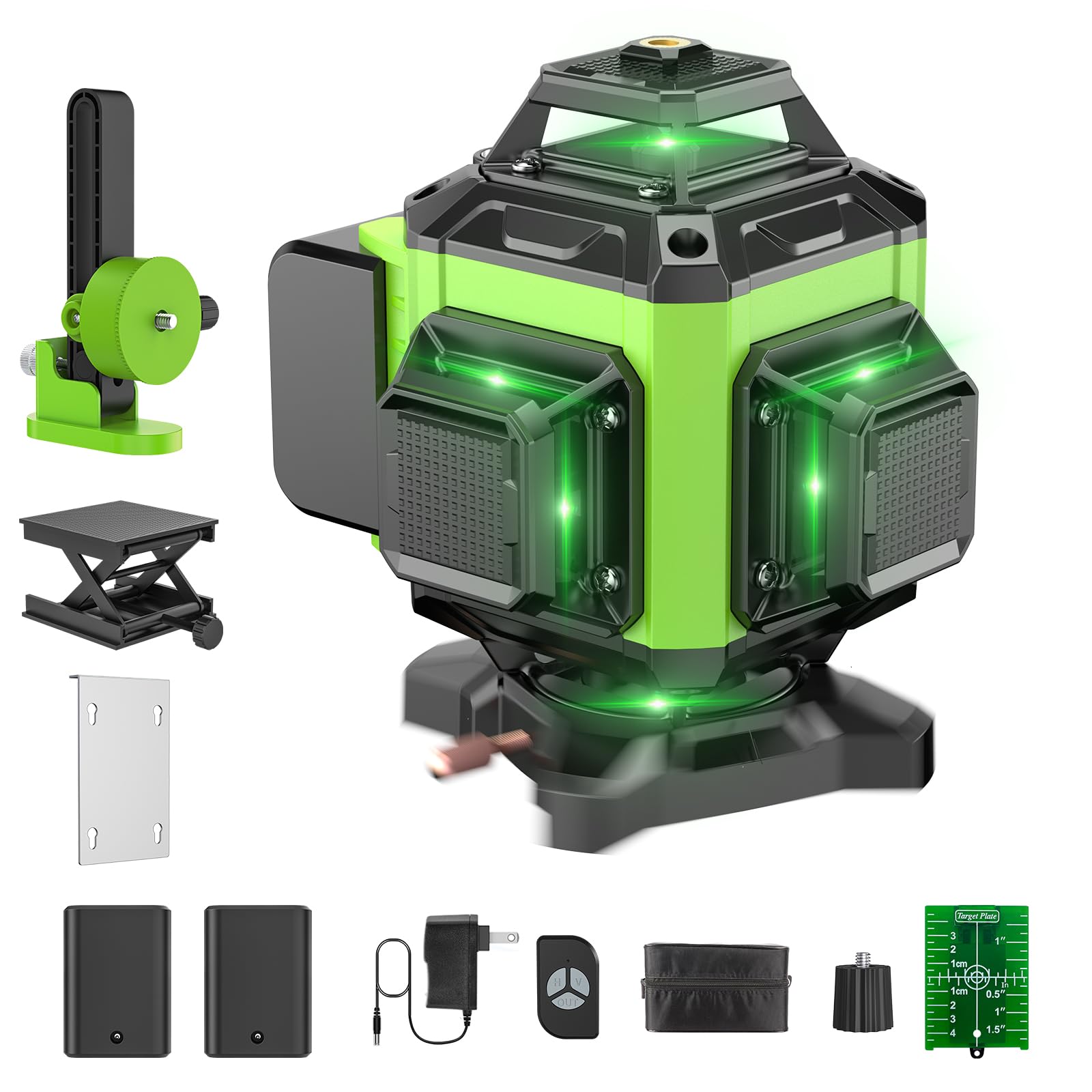 Nivel Laser Autonivelante 360 Grados, Nivel Láser Verde 16 Líneas, 2 x 360 Horizontal y 2 x 360 Verticales, 2 x Batería, Montaje en Pared, Control Remoto, Base Magnética, Soporte Giratorio