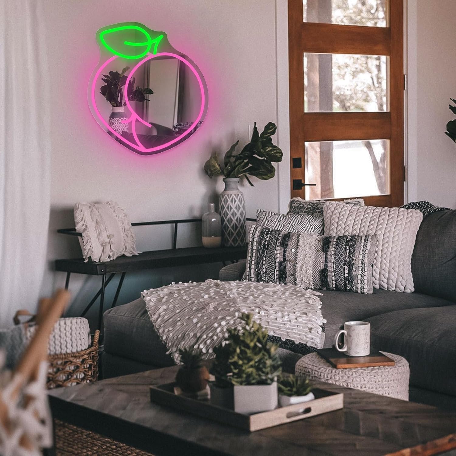 Peach Butt Mirror Neon Sign, Dimmable Fruit Led Neon Signs for Wall Decor, Peach Art Neon Light Up Sign Mirror for Girls Bedroom Living Room Dressing Room Party Back to School Present