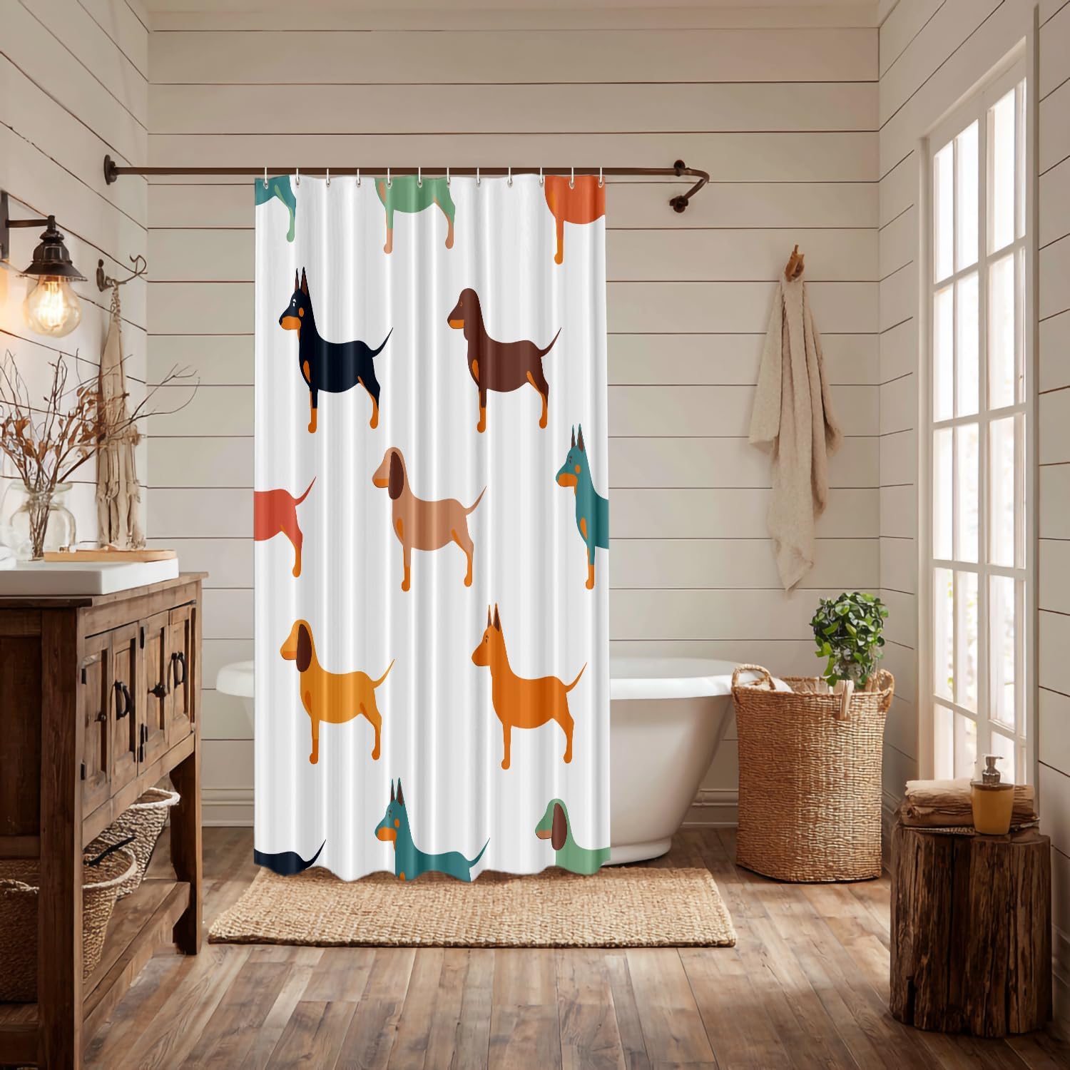 Cute Dachshund Decor Shower Curtain Set,Dog Small Puppies Textile Animal Hunter Polyester Shower Curtain for Shower Stall Bathroom Waterproof with 12 Hooks 72x72 Inch