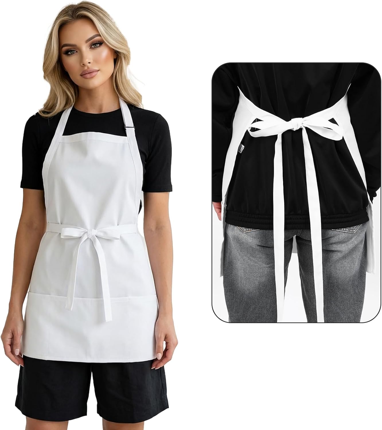 Adjustable Waitress Server Apron, Kitchen Cooking Apron with 3 Pockets, Kitchen Aprons for Women Men, Bib Apron, White Apron Costume - Image 5