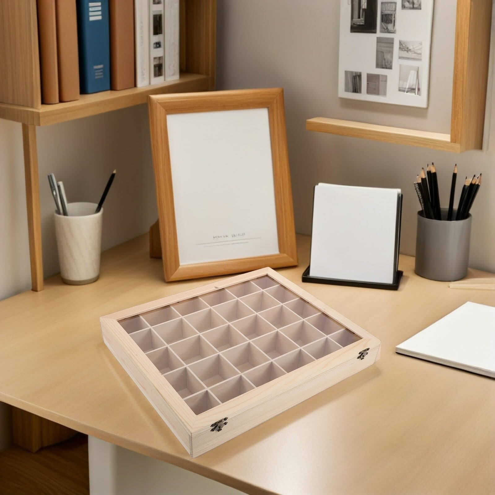 Caja Organizadora de Madera para Minerales con 30 Compartimentos, Exhibidor Clásico para Colección de Rocas y Almacenamiento en Cumpleaños o Vacaciones