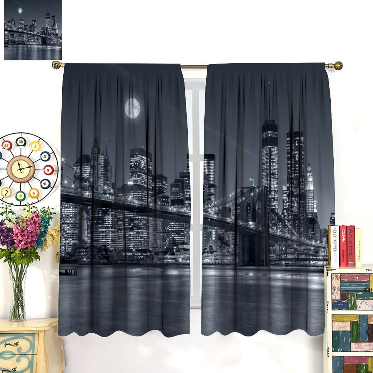 Cityscape Curtain, NY City Night View Brooklyn Bridge Moonlight Skyscraper Skyline Famous Modern Building Window Treatments for Living Room Bedroom 84" W X 84" L