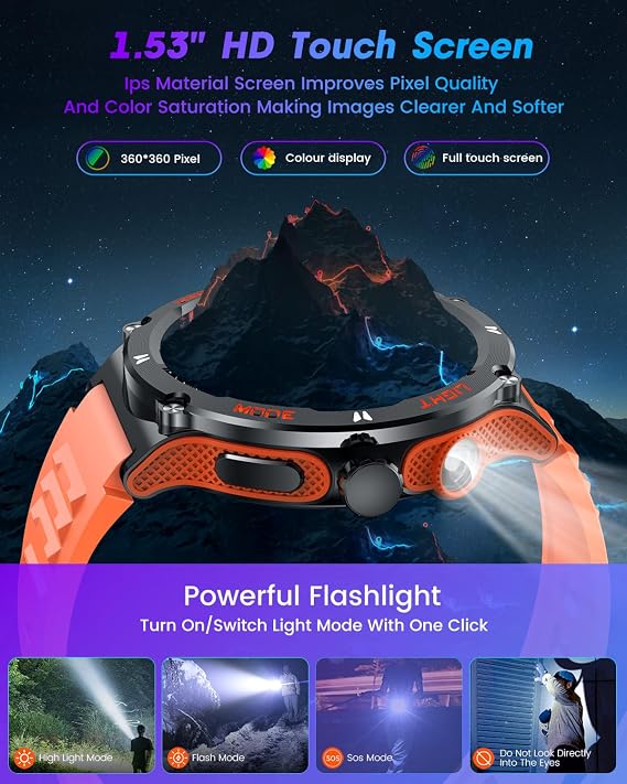 Smartwatch for Men Android Fitness Tracker: 1.53 Military Smart Watch with Flashlight Compass Make Answer Bluetooth Call Android iPhone Compatible 3ATM Waterproof Sport Watch Sleep Heart Rate Monitor