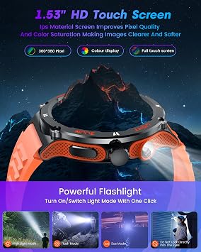 Smartwatch for Men Android Fitness Tracker: 1.53 Military Smart Watch with Flashlight Compass Make Answer Bluetooth Call Android iPhone Compatible 3ATM Waterproof Sport Watch Sleep Heart Rate Monitor