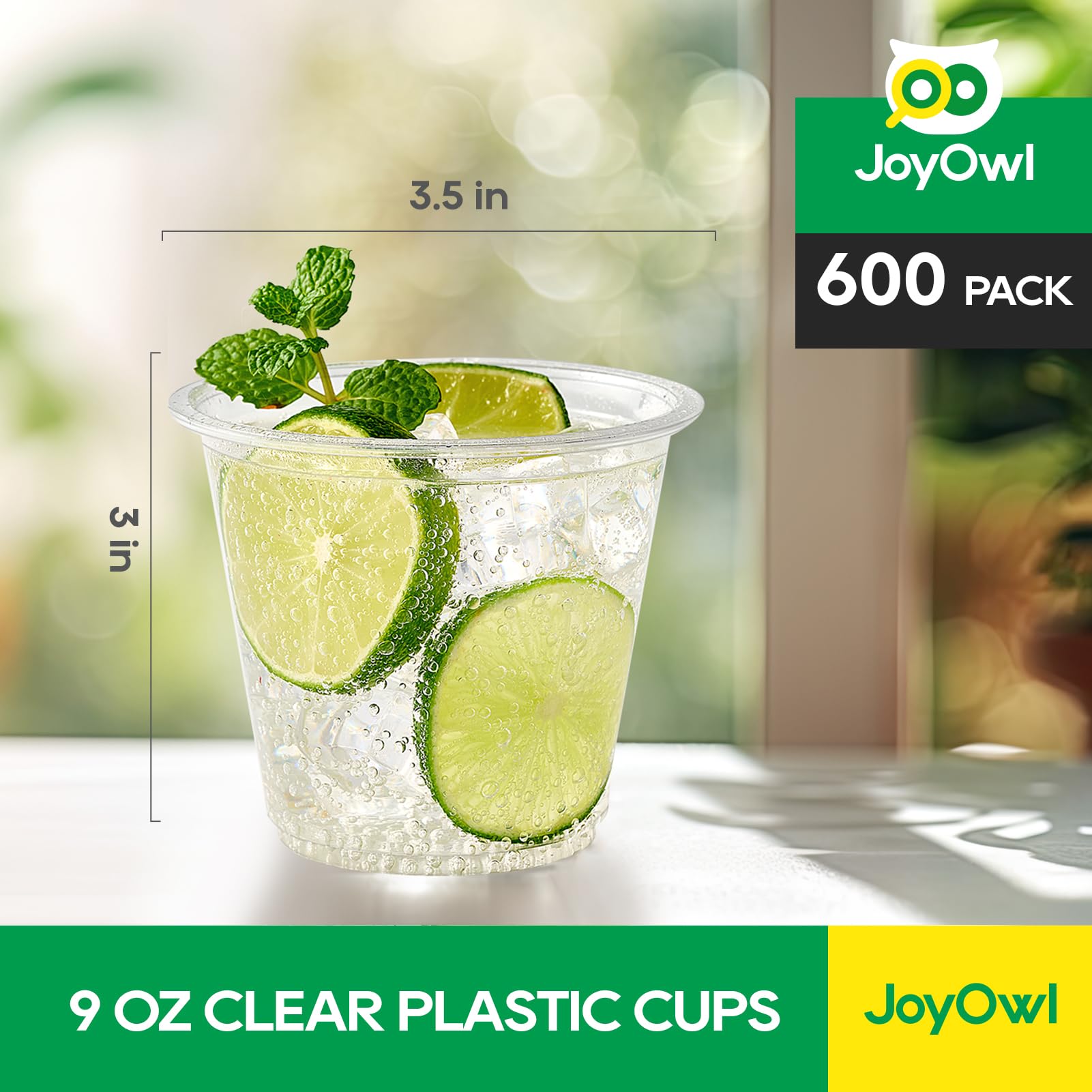 JoyOwl 600 Pack 9 OZ Clear Plastic Cups, Disposable Crystal Punch Cup, PET Plastic Party Cups for Iced Beverages, Juice and Cold Drinks