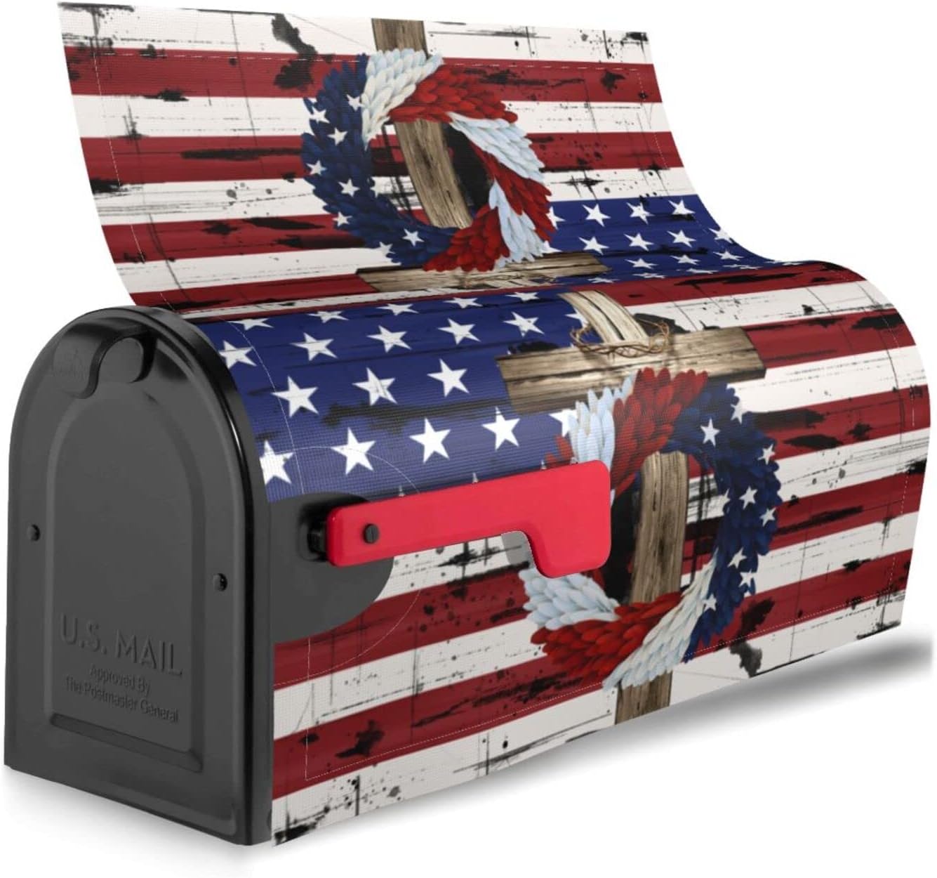 Kawani Patriotic American Flag Wreath Cross Mailbox Covers Magnetic Stars Stripes 4th of July Memorial Day Decorative Mailboxes Letter Box Cover 18x21 in for Outdoor Garden Yard Home Decor Outside