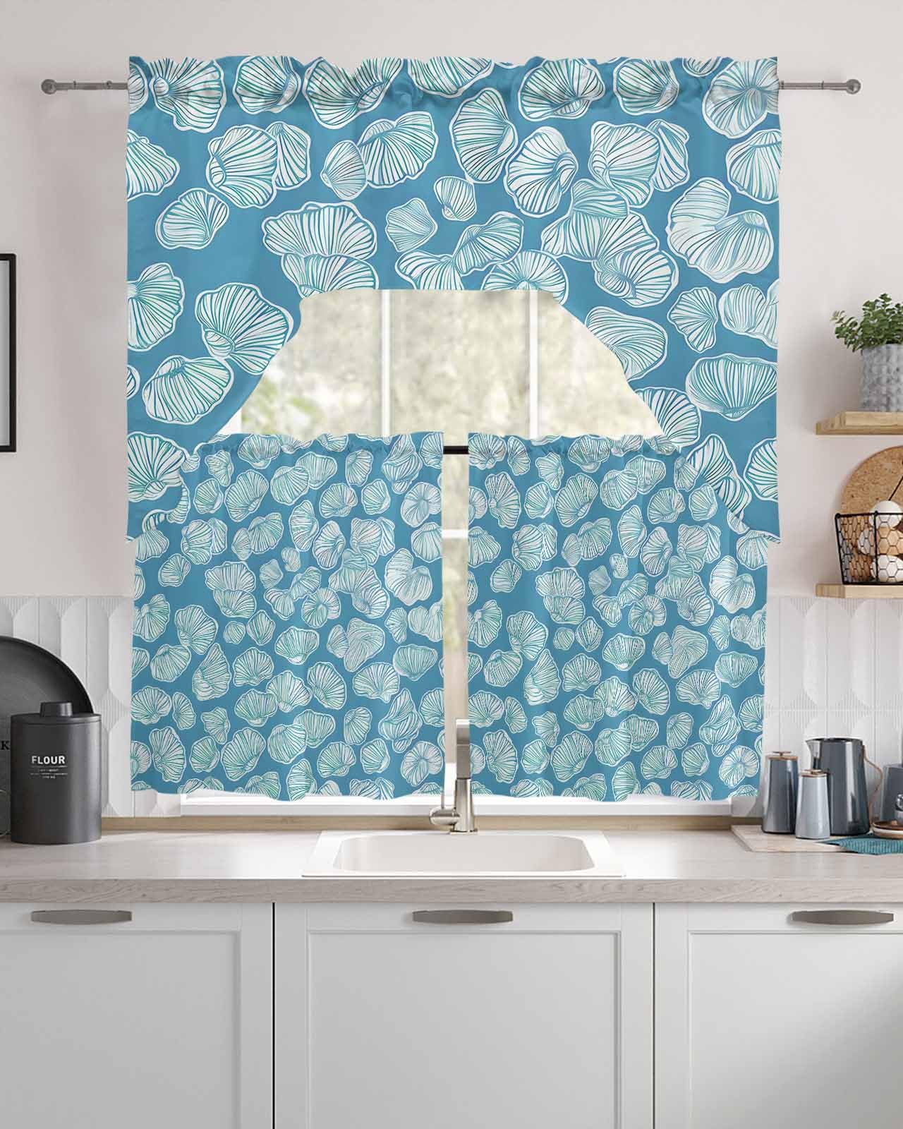 Ocean Conch Swag Kitchen Curtains Valance and Tier Set 36 Inch Length, Coastal Teal Blue Shell Summer Beach Rod Pocket Swag Curtains for Living Room Bedroom Bathroom Window Drapes 3 Piece