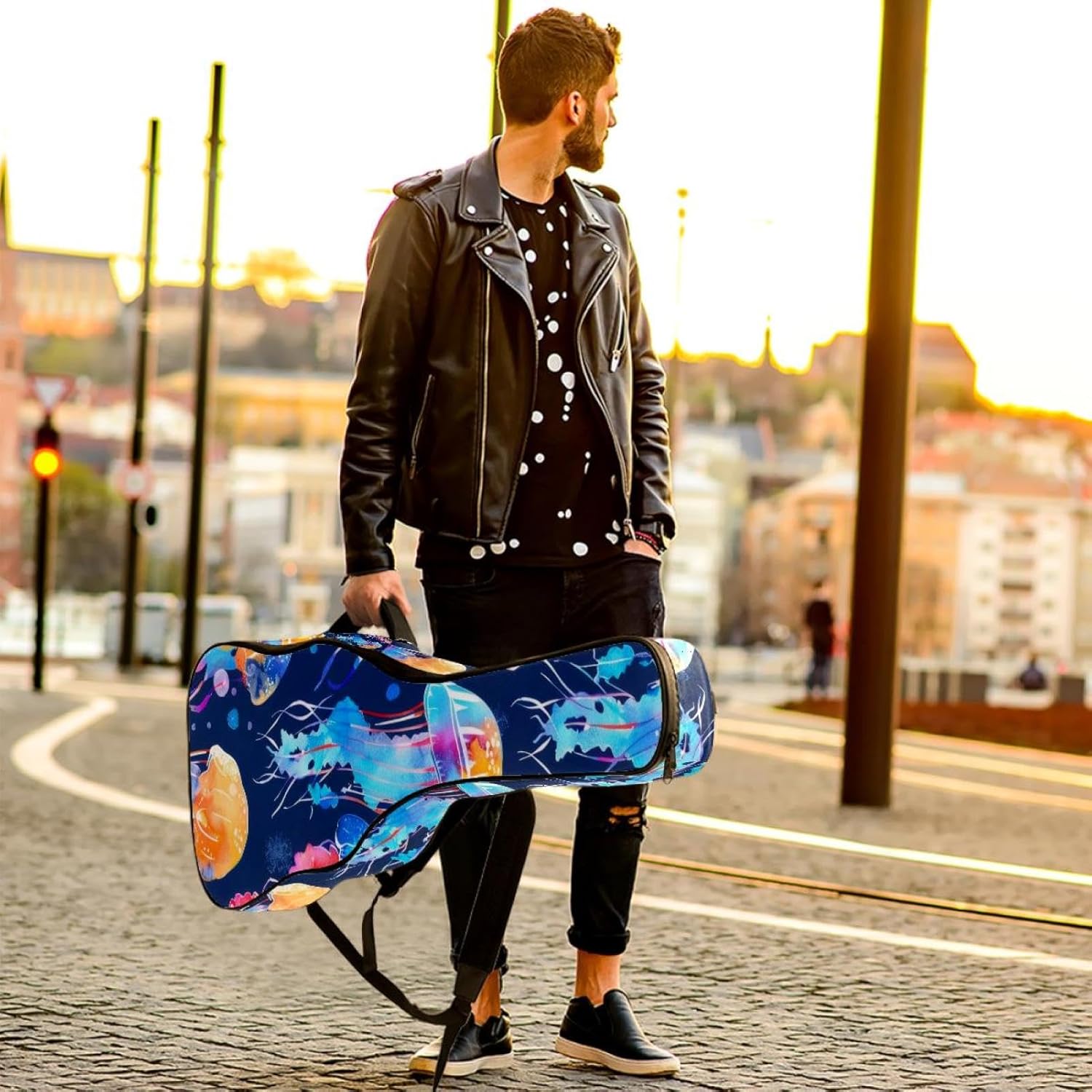 Acoustic Guitar Bag 0.4 Inch Thick Padding Waterproof Guitar Case Gig Bag for 40 41 42 Inch Electric Bass Classical Guitar, Cute Colorful Ocean Jellyfish