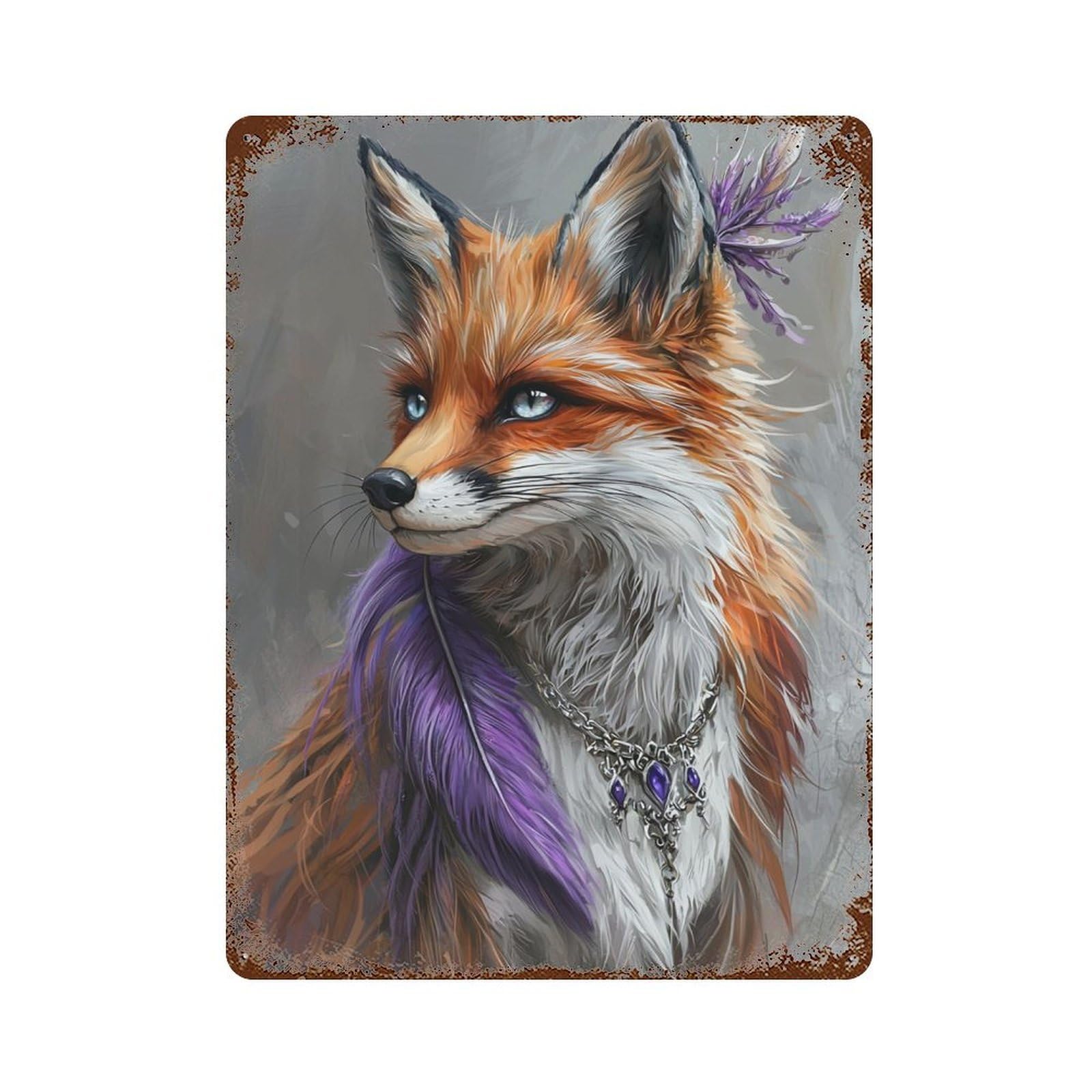 Fantasy Fox with Purple Feather Necklace Retro Metal Sign 15.7"x11.8", Shabby Chic Decor for Bistro, Counter And Cafe Decor
