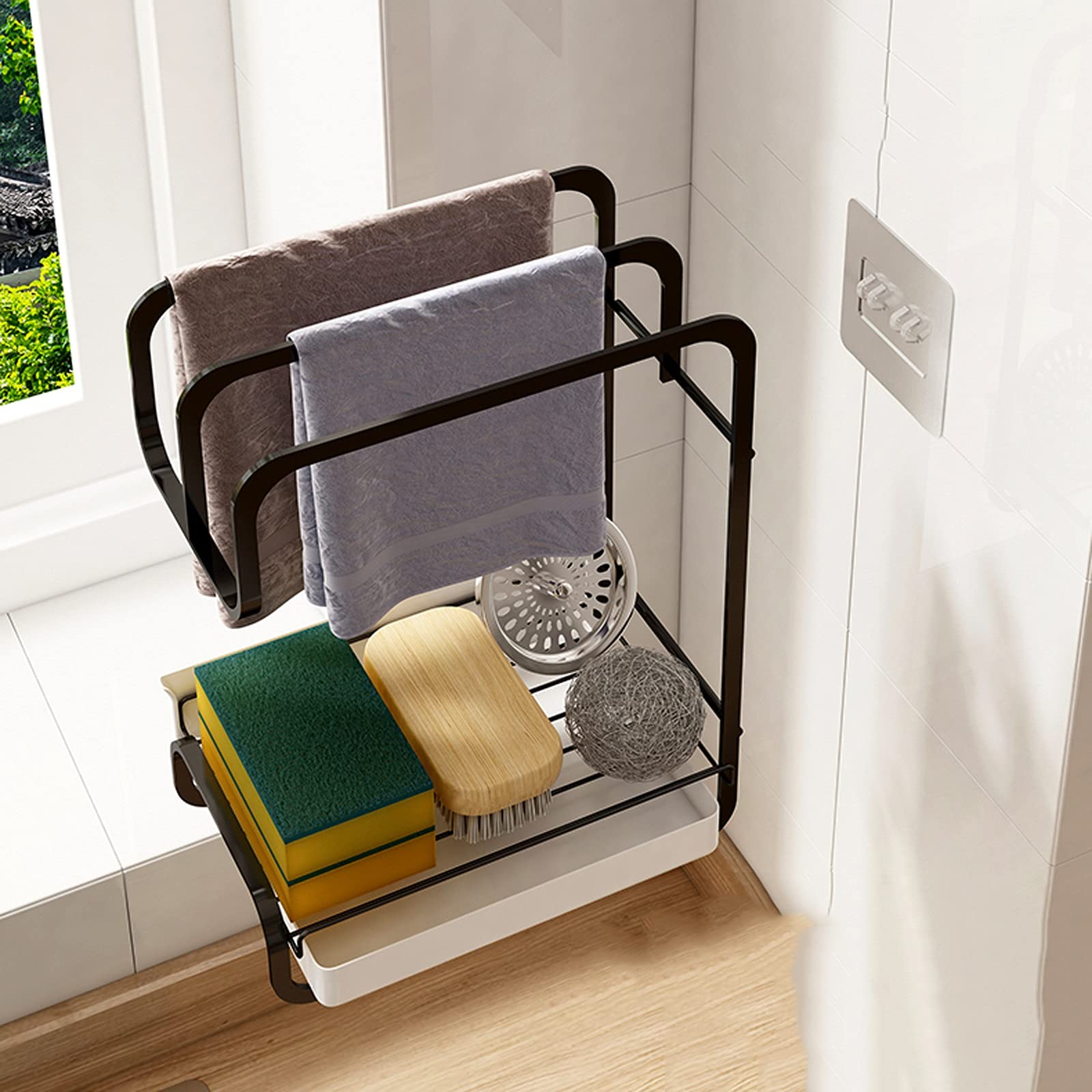 Mensole Bagno Mensole Galleggianti Portalavello Cucina, Mensola Bagno, Distributore di Sapone in Acciaio Inossidabile Organizzatore di Spugne, Spazzola per Piatti Stendino con Vaschetta di Scarico Rim