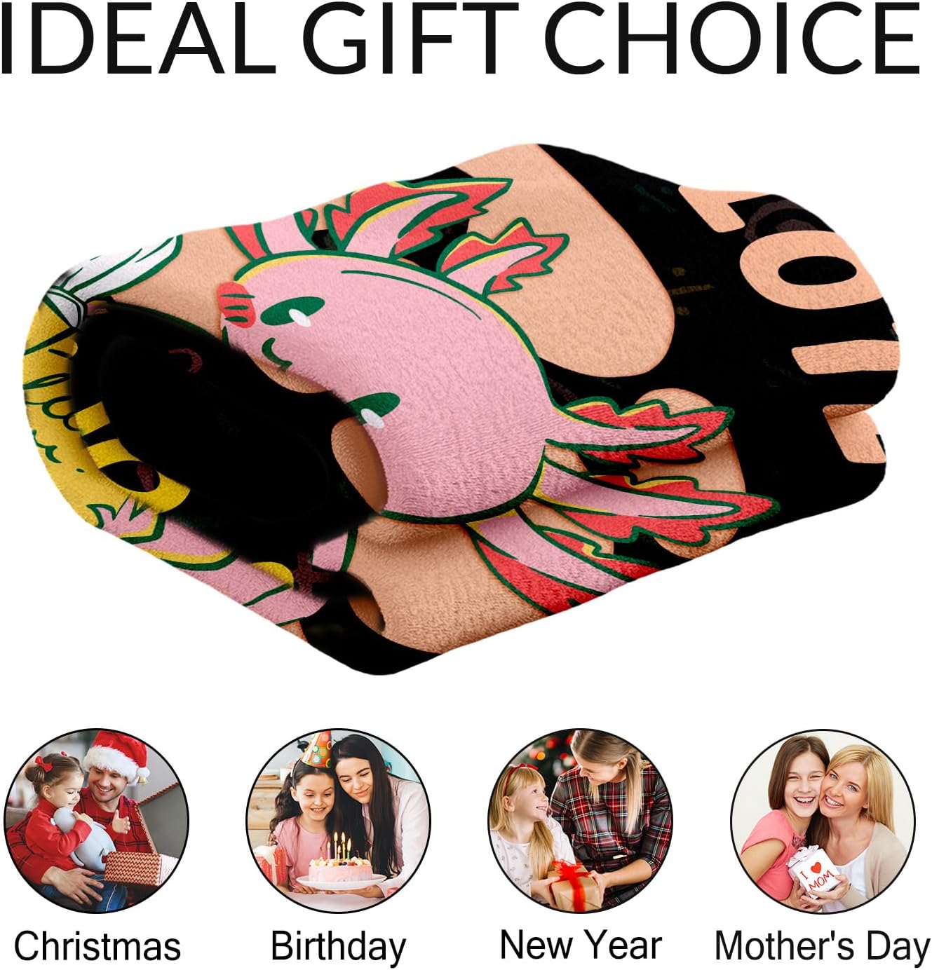 Personalized Axolotl Blanket Gifts for Kids - 40x50 Inches Crib Size - Soft Fuzzy Blankets - Black Cute Throws for Bed, Couch, Sofa