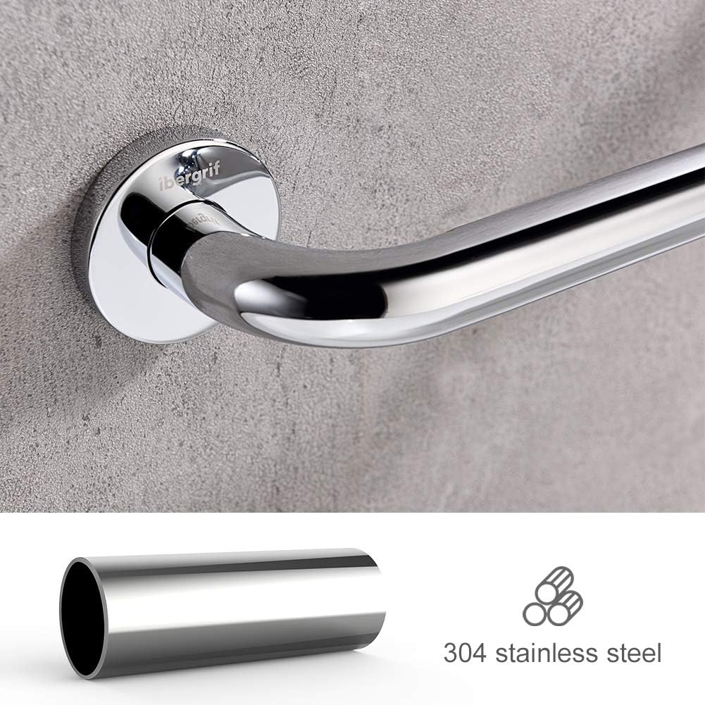 Close-up view of the Ibergrif grab bar's polished surface and a graphic indicating it is made of 304 stainless steel.