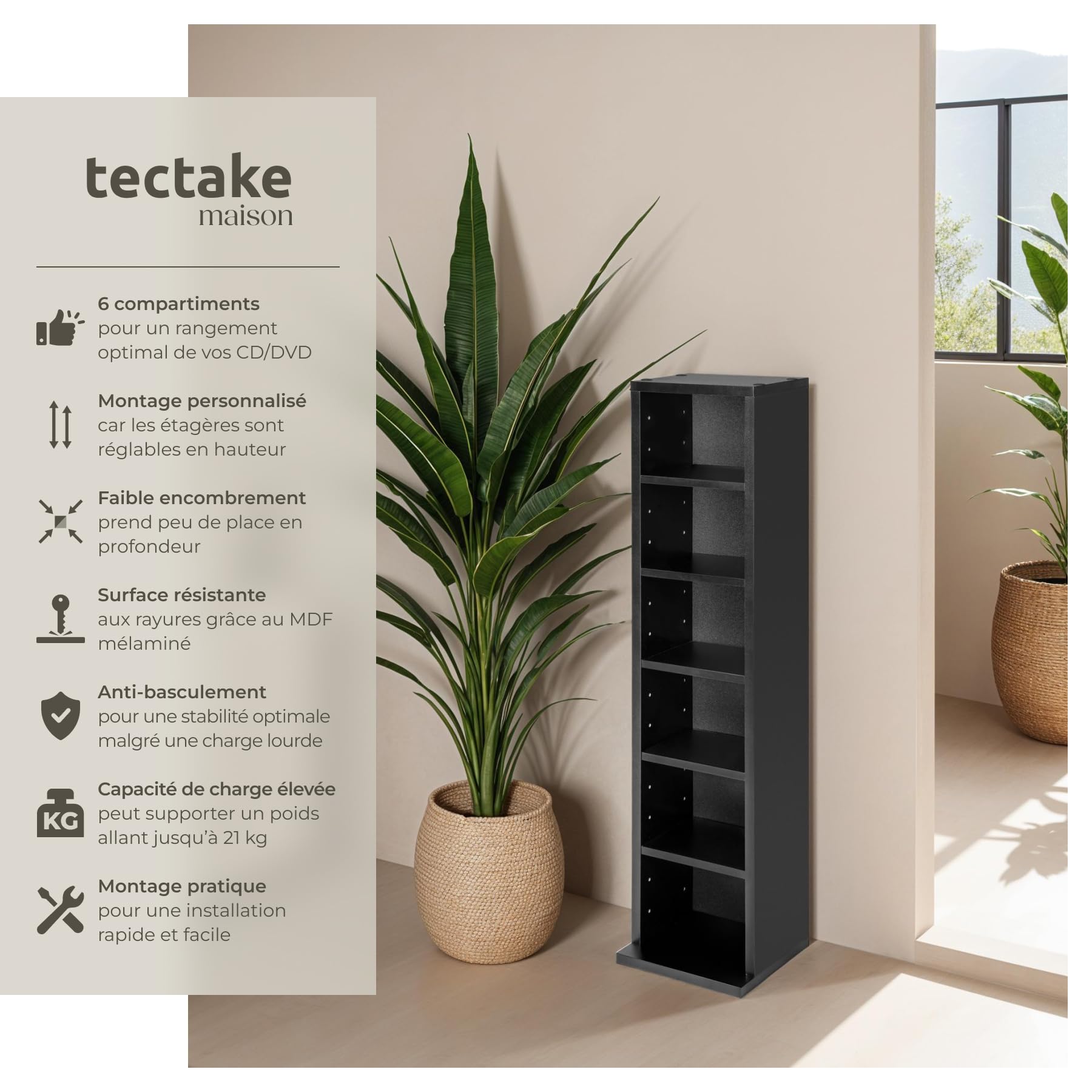 tectake® Étagère Bibliothèque Étagère Rangement CD/DVD pour 102 CDs - 90 x 21 x 20 cm Meuble de Rangement Moderne pour Rangement Bureau, Salon, Chambre, Etagere Rangement Meubles de Salon