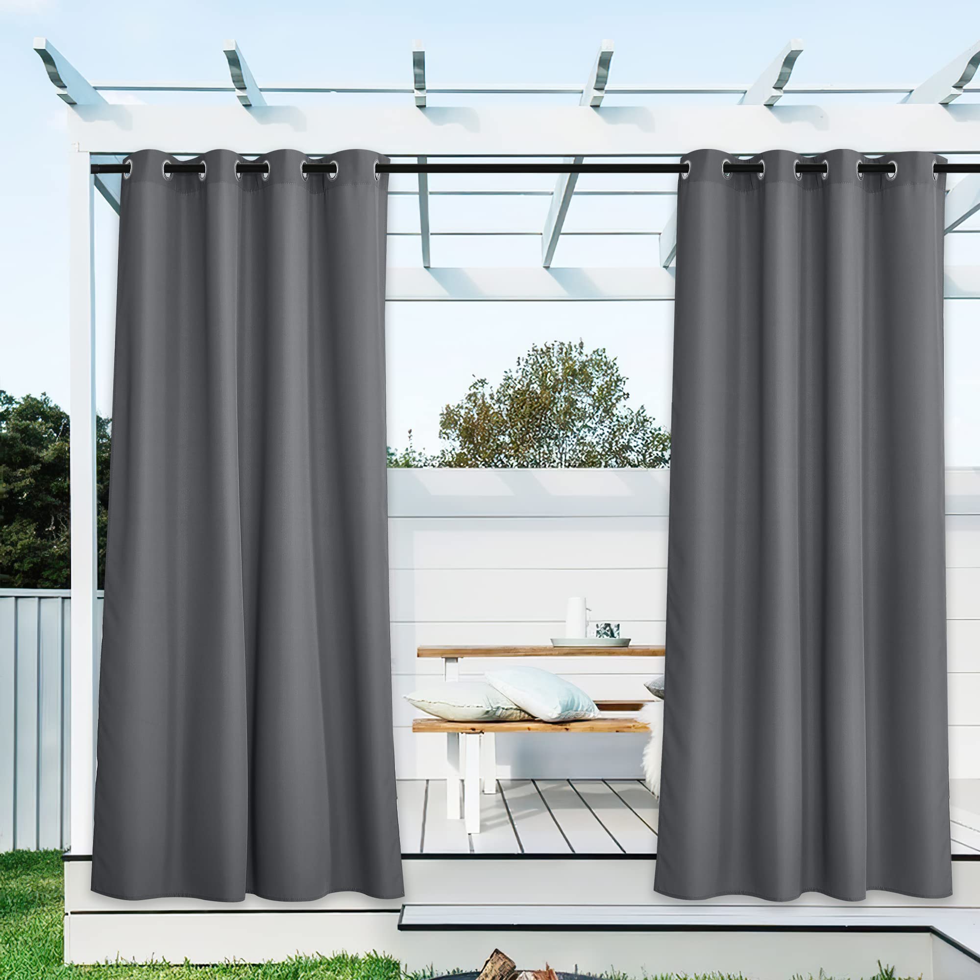 PONY DANCE Rideau pour Pergola - Lot de 2 Rideaux D'Extérieur Isolant Occultant Lumière Bloquer Imperméable Décoration Extérieur Jardin à Oeillets, L 140 x H 213 cm, Gris