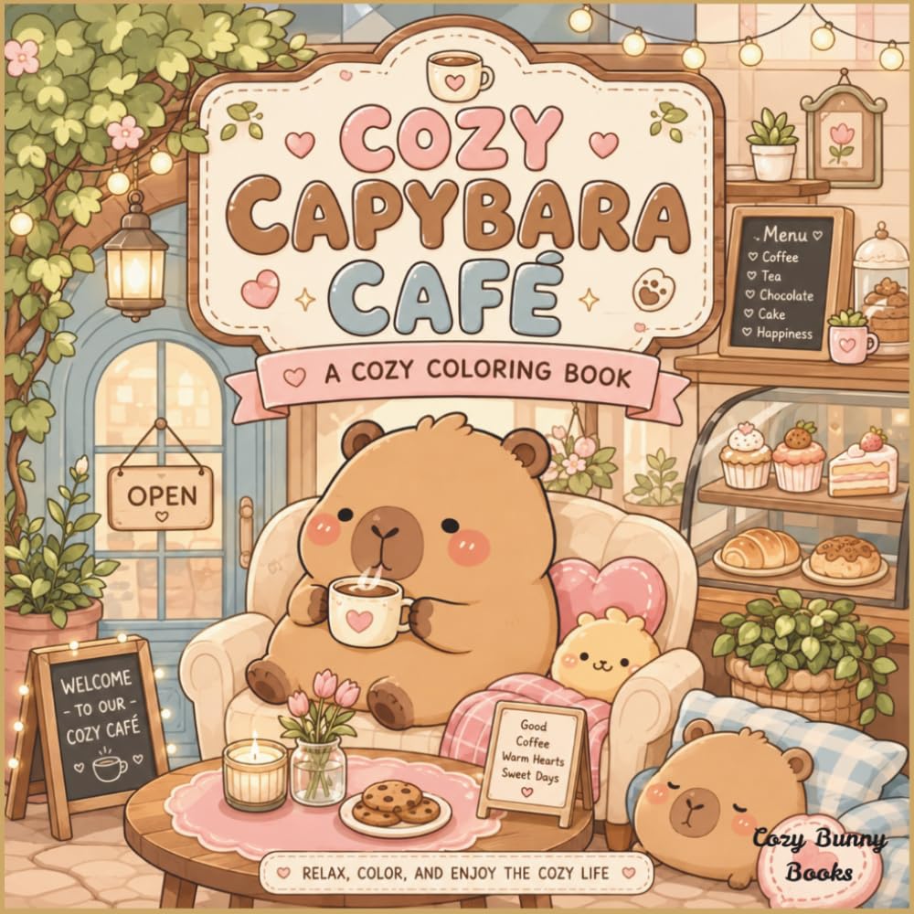 Cozy Capybara Café Coloring Book: 50 Adorable Café Adventures with Cute Capybaras, Coffee, Cakes, Pastries, and Cozy Moments for Relaxation and Stress Relief