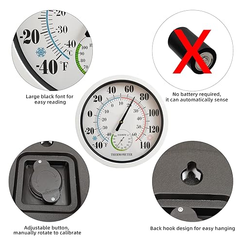 Miniatura 2 de Termómetro para interiores y exteriores, con números grandes, de 12 pulgadas, para pared, para colgar en el jardín, higrómetro, no necesita batería