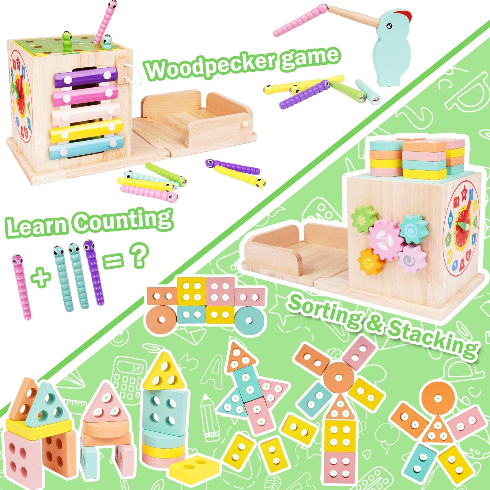 NUKied Montessori Jouet Bebe 1 2 3 an |9 en 1 Cube d'activités motrices dès |Frapper la Balle,Formes À Trier Empiler Jeu,Jouet de Récolte de Carottes,Jouet en Bois pour Cadeau Fille Garcon Bébés