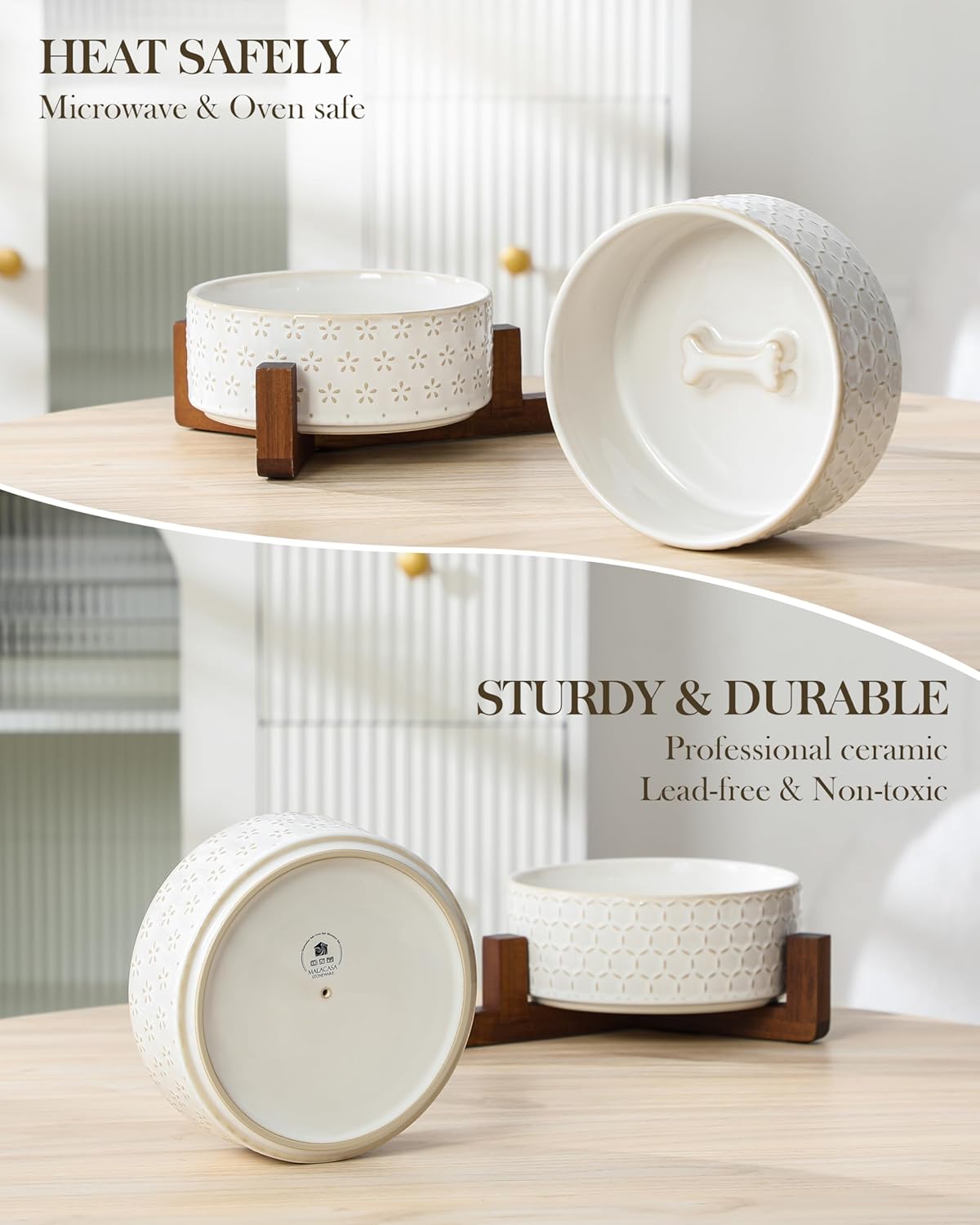 MALACASA Dog Bowl Set with Walnut Wood Stand, 3.5 Cups Ceramic Pet Bowls for Puppy Dogs, Dual Food and Water Bowls with Non-Slip Base, Basic Bowls for Your Dog or Cat, Five-Leaf Grass & Honeycomb - Image 7