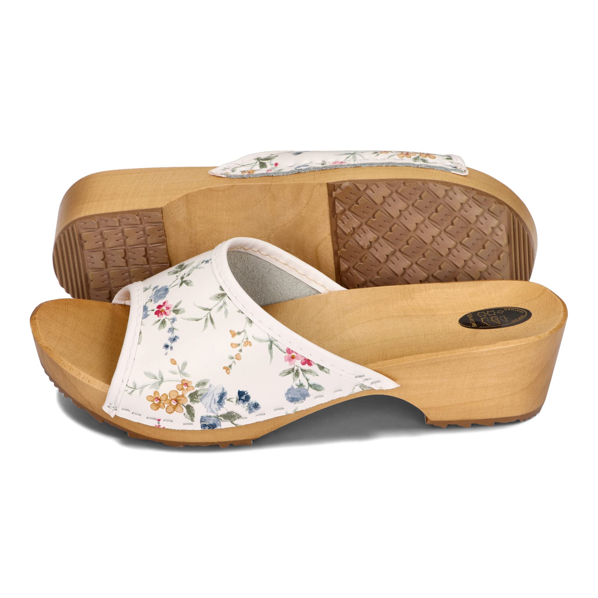 BeComfy Sabots en Cuir pour Femme avec imprimé Sandales Clogs Mules à Talons en Bois Couleurs mélangées Model VK10
