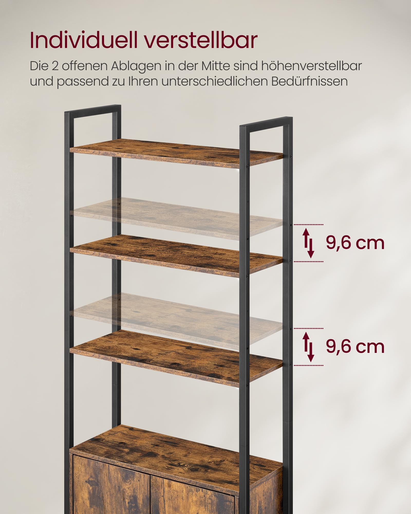 VASAGLE Bücherregal 6 Ebenen Standregal mit Türen Metallrahmen verstellbare Ablagen 24 x 60 x 159,5 cm vintagebraun-tintenschwarz