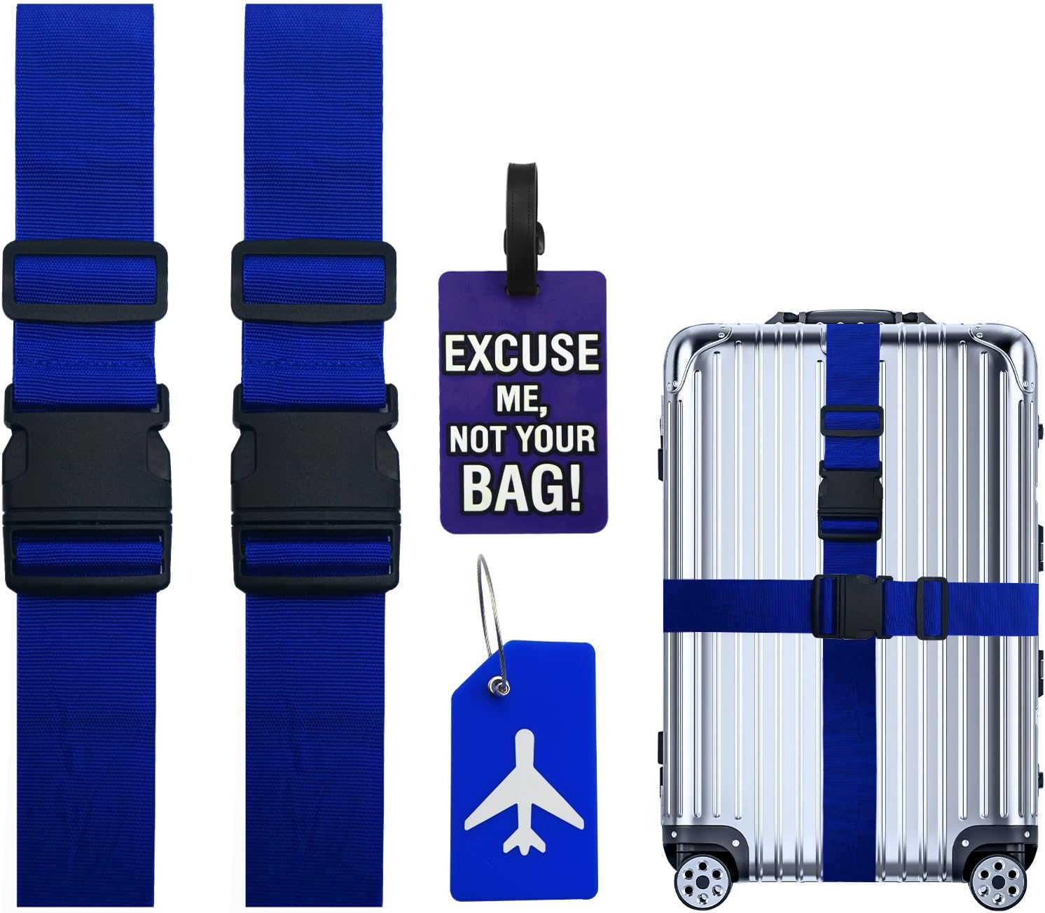 GAOHANLuggage Strap Set,2Pack Adjustable Suitcase Belts,2 Pieces Luggage Straps+2 Pieces Luggage Tags,Suitcase Travel Accessories for Quick Identification of Luggage(Blue)