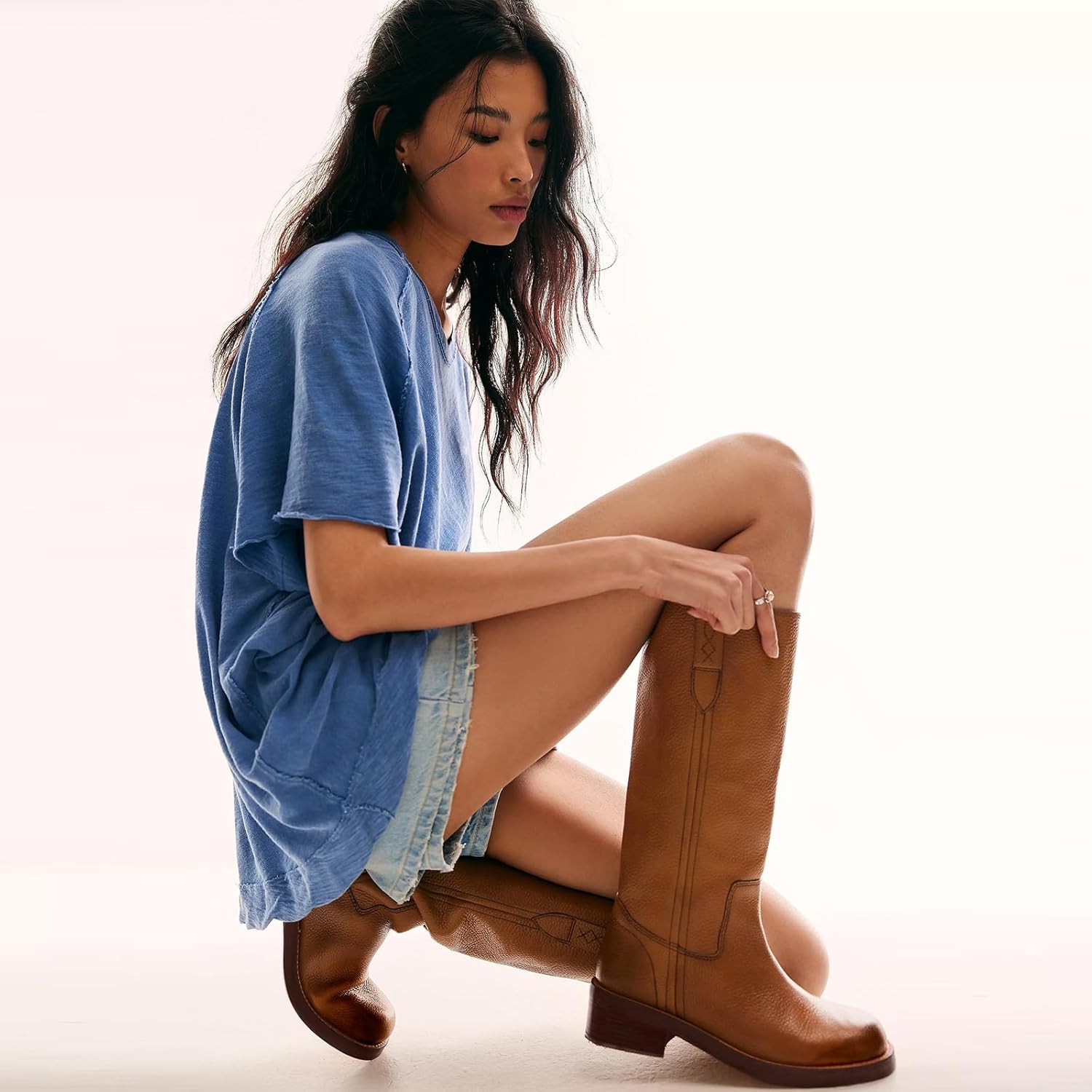 KISSASA Brown Knee High Boots Women Roud Toe Chunky Low Heel Moto Boots Vintage Pull On Tall Long Riding Boots Campus Shoes Brown Size 8.5 - Image 4