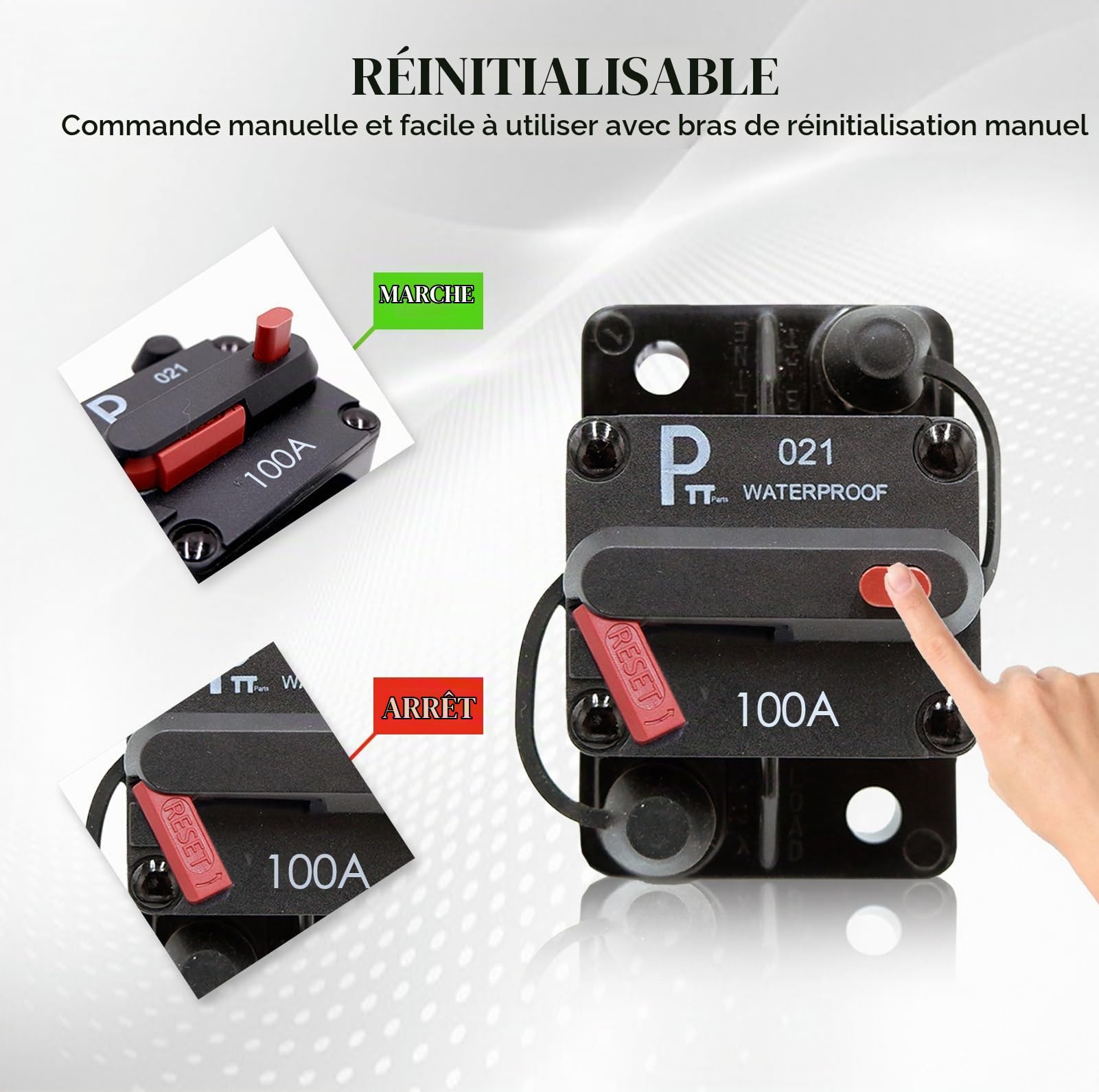Disjoncteur Hi-Amp à goujon 1/4'' 100A 12 V 48 V DC étanche IP67 interrupteur de batterie thermique protection à réarmement manuel T3 pour Marin RV Caravan Pièces du système solaire