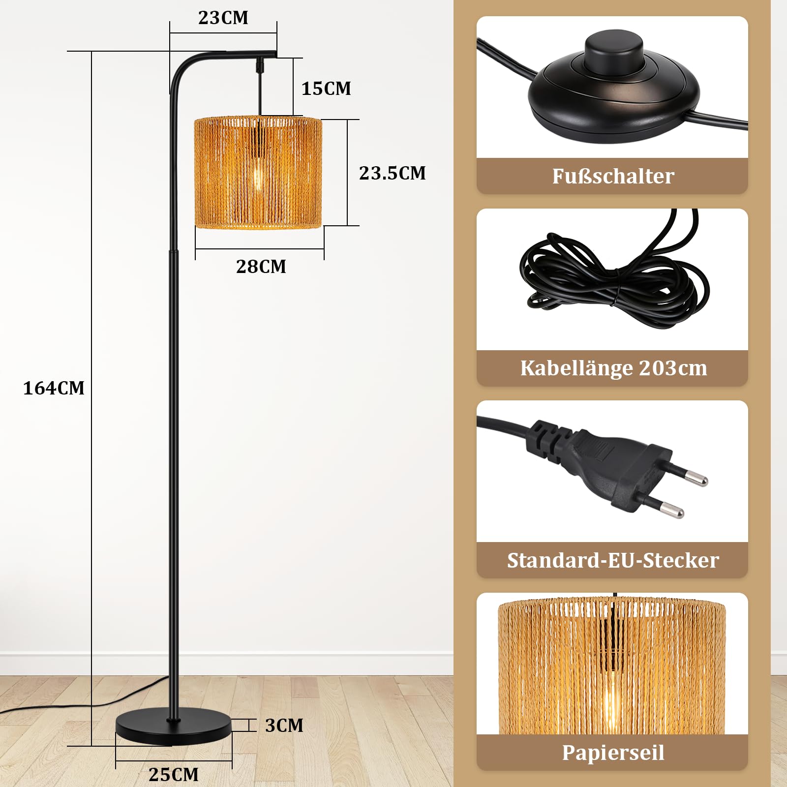 Stehlampe Rattan Boho Stehleuchte Stehlampe Wohnzimmer E27 | Standleuchte Vintage 1 Flammig 164cm Standlampe Schwarz Fußschalter Für Schlafzimmer Terrasse Büro