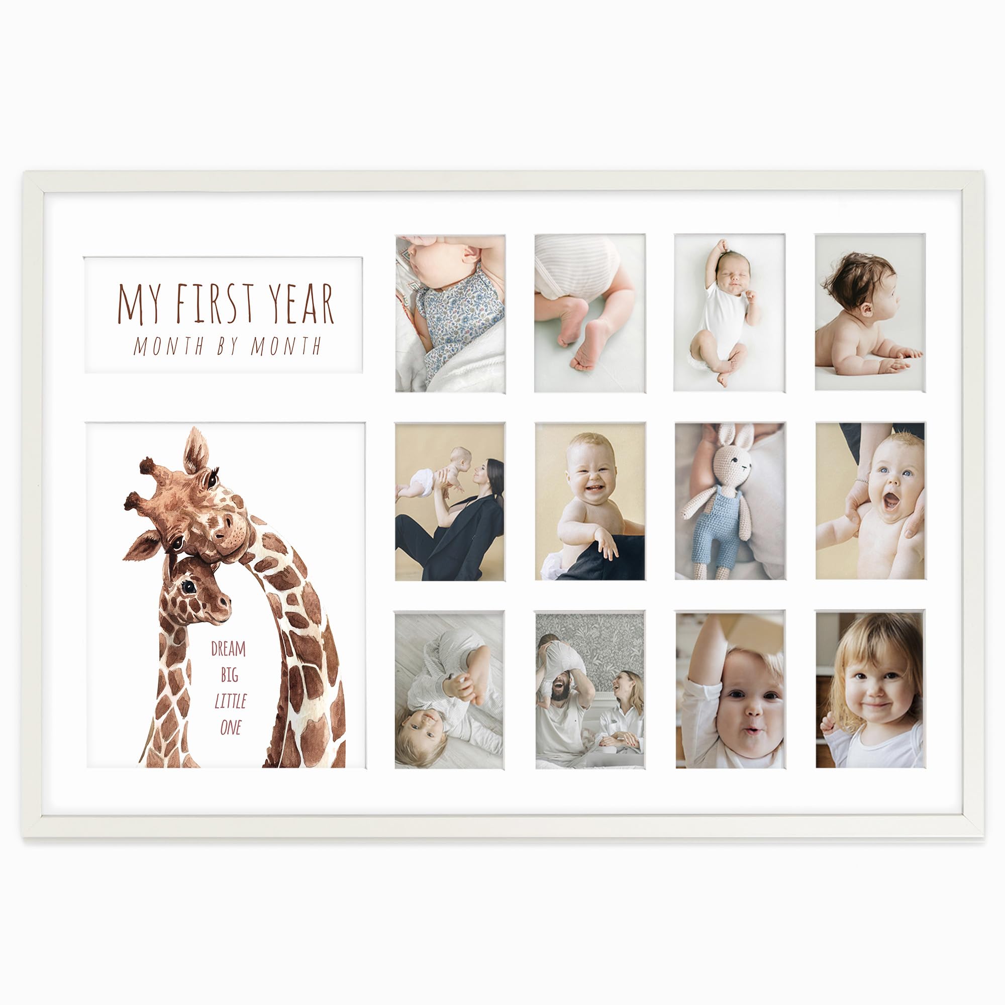 Bilderrahmen Das Erste Jahr, Monat für Monat Fotocollage, 40x60 cm, Rechteckig, Modern Rustikaler Stil, Giraffen-Design, Kinderzimmer Deko mit Passepartout Weiß
