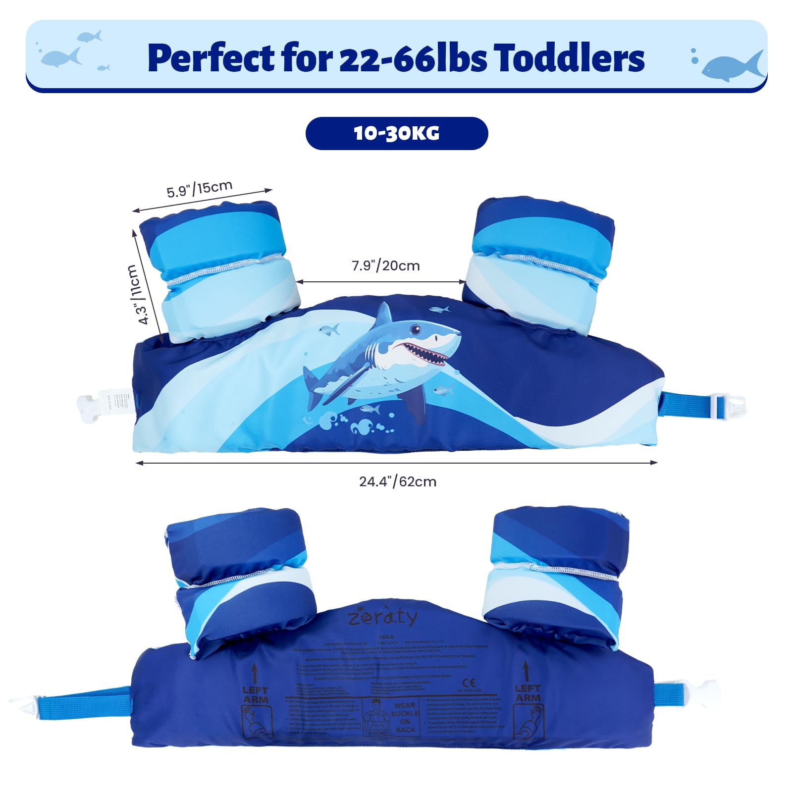 Zeraty Gilet de Natation pour Enfants Flotteurs pour Enfants Bande de Bras de Natation pour Enfants avec Harnais d'épaule, Veste d'aide à la Natation pour Les garçons/Filles de 20 à 50 livres/2-6 Ans